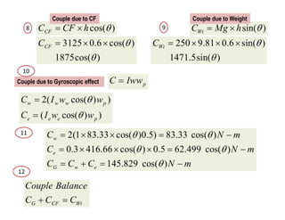 2( cos( ) )
( cos( ) )
w w w p
e e e p
C I w w
C I w w




2(1 83.33 cos( )0.5) 83.33 cos( )
0.3 416.66 cos( ) 0.5 62.499 cos( )
145.829 cos( )
w
e
G w e
C N m
C N m
C C C N m
 
 

    
     
   
p
C Iww

G CF Wt
Couple Balance
C C C
 
cos( )
CF
C CF h 
 
3125 0.6 cos( )
1875cos( )
CF
C 

  
sin( )
Wt
C Mg h 
 
250 9.81 0.6 sin( )
1471.5sin( )
Wt
C 

   
Couple due to CF Couple due to Weight
Couple due to Gyroscopic effect
8 9
10
11
12
 