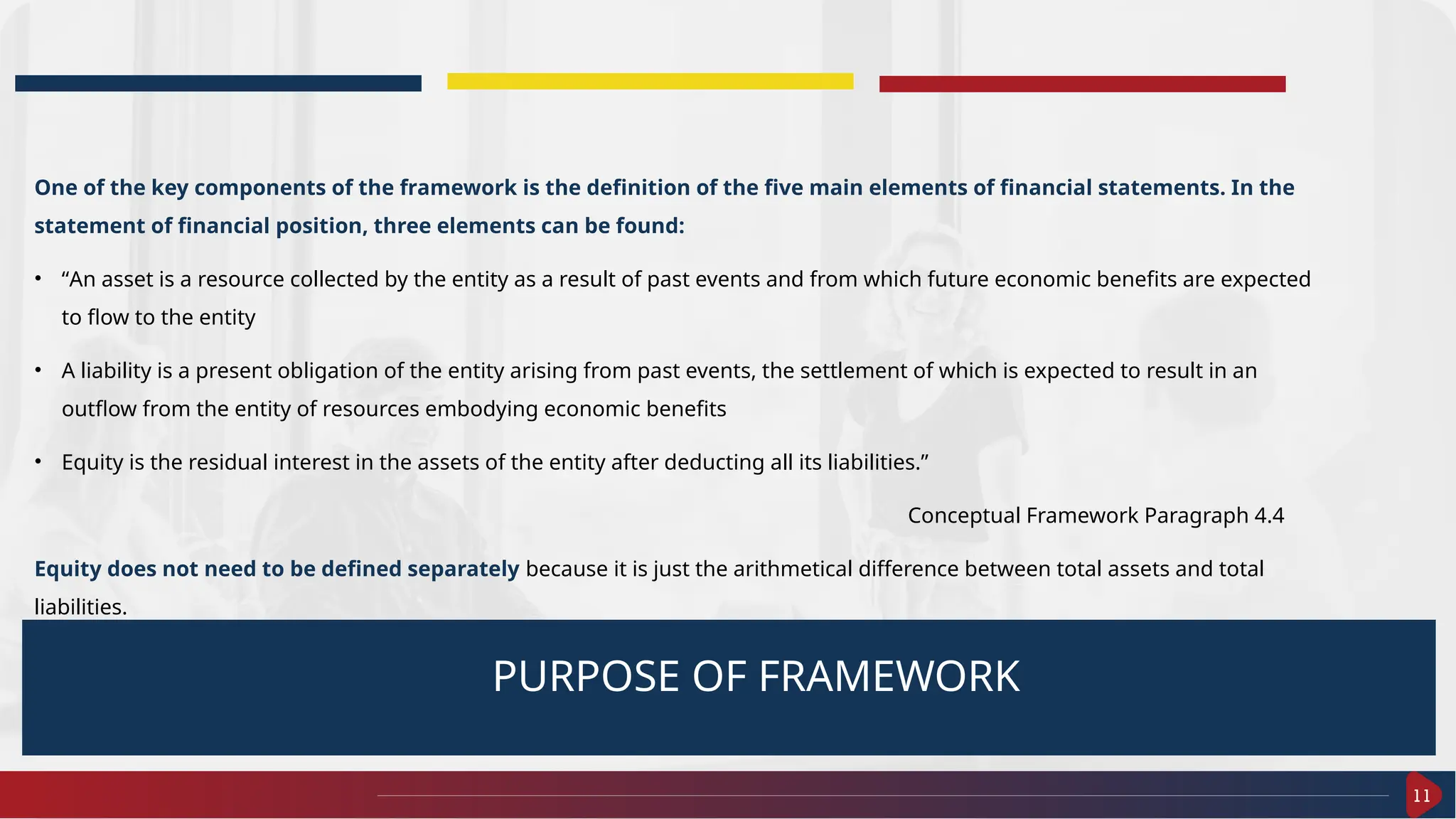 11
One of the key components of the framework is the definition of the five main elements of financial statements. In the
statement of financial position, three elements can be found:
• “An asset is a resource collected by the entity as a result of past events and from which future economic benefits are expected
to flow to the entity
• A liability is a present obligation of the entity arising from past events, the settlement of which is expected to result in an
outflow from the entity of resources embodying economic benefits
• Equity is the residual interest in the assets of the entity after deducting all its liabilities.”
Conceptual Framework Paragraph 4.4
Equity does not need to be defined separately because it is just the arithmetical difference between total assets and total
liabilities.
PURPOSE OF FRAMEWORK
 