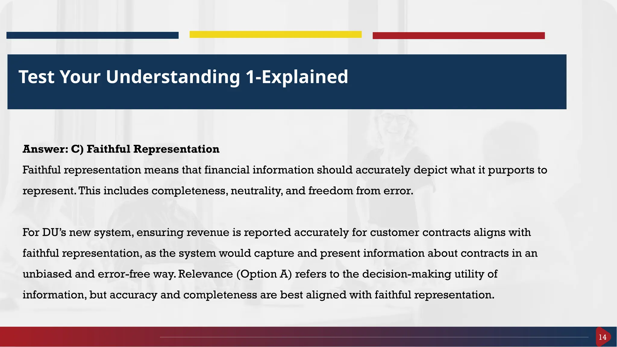14
Test Your Understanding 1-Explained
Answer: C) Faithful Representation
Faithful representation means that financial information should accurately depict what it purports to
represent.This includes completeness, neutrality, and freedom from error.
For DU’s new system, ensuring revenue is reported accurately for customer contracts aligns with
faithful representation, as the system would capture and present information about contracts in an
unbiased and error-free way. Relevance (Option A) refers to the decision-making utility of
information, but accuracy and completeness are best aligned with faithful representation.
 