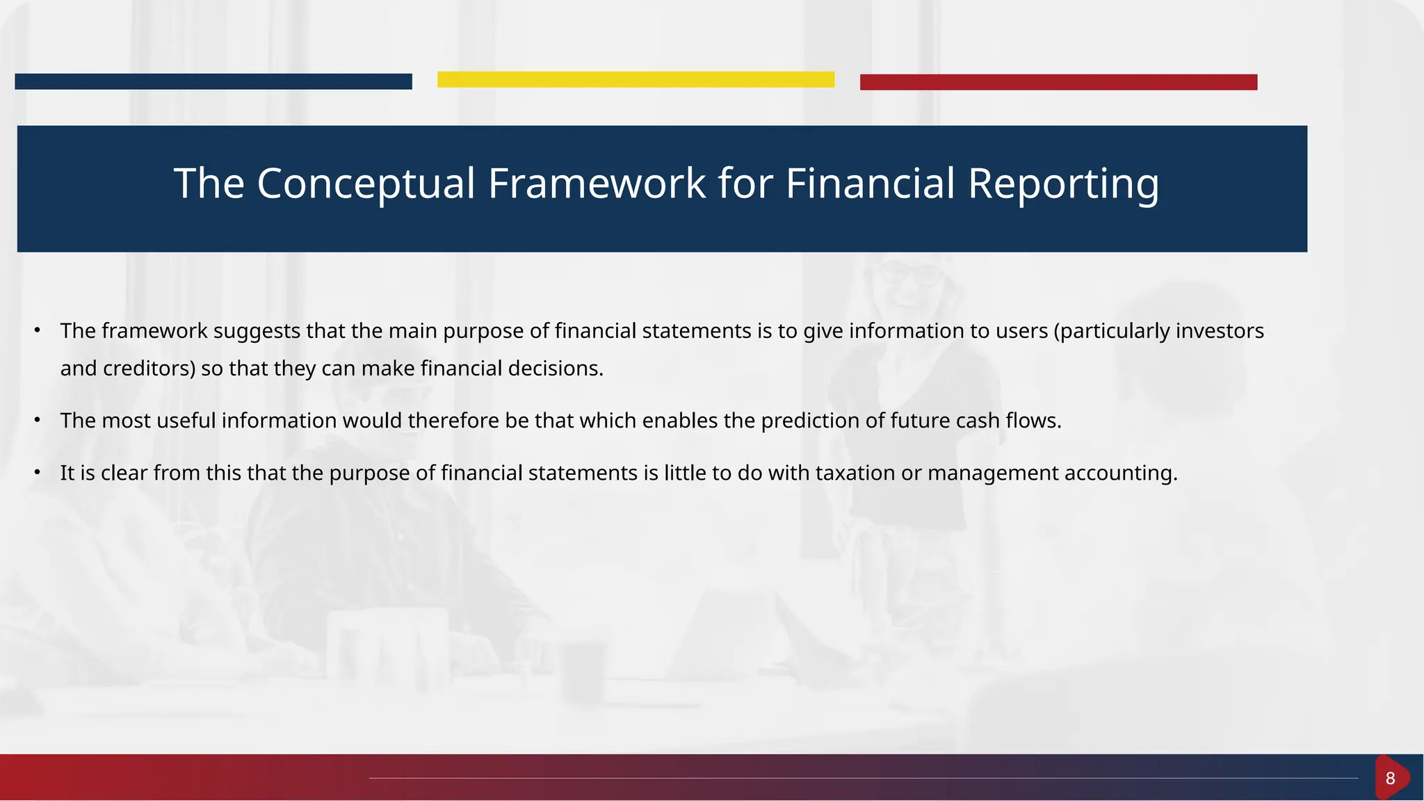 8
The Conceptual Framework for Financial Reporting
• The framework suggests that the main purpose of financial statements is to give information to users (particularly investors
and creditors) so that they can make financial decisions.
• The most useful information would therefore be that which enables the prediction of future cash flows.
• It is clear from this that the purpose of financial statements is little to do with taxation or management accounting.
 