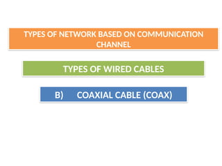 TYPES OF WIRED CABLES
B) COAXIAL CABLE (COAX)
TYPES OF NETWORK BASED ON COMMUNICATION
CHANNEL
 