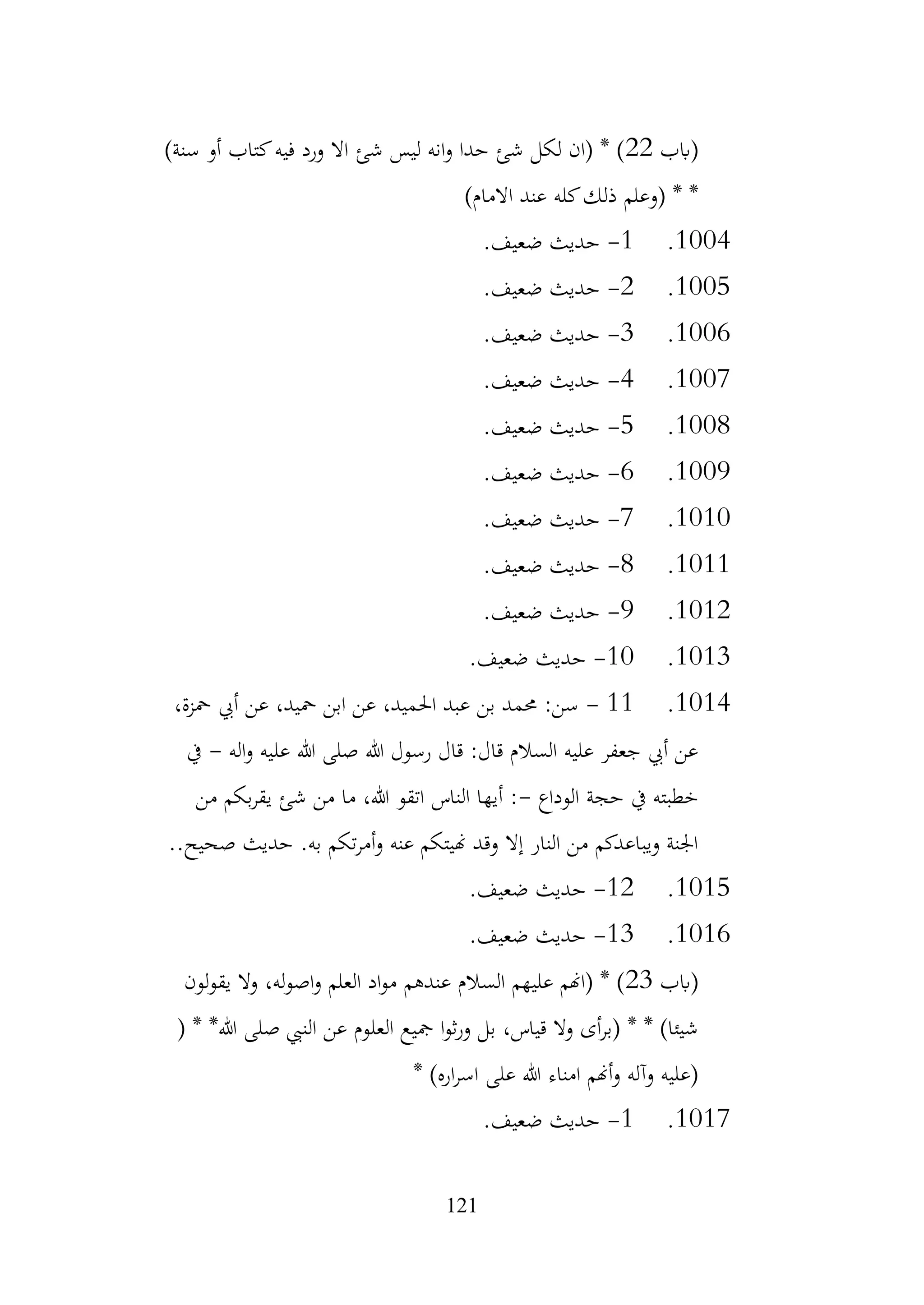 121
‫(ابب‬
22
)‫سنة‬ ‫أو‬ ‫كتاب‬‫فيه‬ ‫ورد‬ ‫اال‬ ‫شئ‬ ‫ليس‬ ‫انه‬‫و‬ ‫حدا‬ ‫شئ‬ ‫لكل‬ ‫(ان‬ * )
)‫االمام‬ ‫عند‬ ‫كله‬‫ذلك‬ ‫(وعلم‬ * *
1004
.
1
-
.‫ضعيف‬ ‫حديث‬
1005
.
2
-
.‫ضعيف‬ ‫حديث‬
1006
.
3
-
.‫ضعيف‬ ‫حديث‬
1007
.
4
-
.‫ضعيف‬ ‫حديث‬
1008
.
5
-
.‫ضعيف‬ ‫حديث‬
1009
.
6
-
.‫ضعيف‬ ‫حديث‬
1010
.
7
-
.‫ضعيف‬ ‫حديث‬
1011
.
8
-
.‫ضعيف‬ ‫حديث‬
1012
.
9
-
.‫ضعيف‬ ‫حديث‬
1013
.
10
-
.‫ضعيف‬ ‫حديث‬
1014
.
11
-
،‫محزة‬ ‫أيب‬ ‫عن‬ ،‫محيد‬ ‫ابن‬ ‫عن‬ ،‫احلميد‬ ‫عبد‬ ‫بن‬ ‫حممد‬ :‫سن‬
‫اله‬‫و‬ ‫عليه‬ ‫هللا‬ ‫صلى‬ ‫هللا‬ ‫رسول‬ ‫قال‬ :‫قال‬ ‫السالم‬ ‫عليه‬ ‫جعفر‬ ‫أيب‬ ‫عن‬
-
‫يف‬
‫الوداع‬ ‫حجة‬ ‫يف‬ ‫خطبته‬
-
‫من‬ ‫بكم‬‫ر‬‫يق‬ ‫شئ‬ ‫من‬ ‫ما‬ ،‫هللا‬ ‫اتقو‬ ‫الناس‬ ‫أيها‬ :
..‫صحيح‬ ‫حديث‬ .‫به‬ ‫تكم‬‫ر‬‫أم‬‫و‬ ‫عنه‬ ‫هنيتكم‬ ‫وقد‬ ‫إال‬ ‫النار‬ ‫من‬ ‫ويباعدكم‬ ‫اجلنة‬
1015
.
12
-
.‫ضعيف‬ ‫حديث‬
1016
.
13
-
.‫ضعيف‬ ‫حديث‬
‫(ابب‬
23
‫لون‬‫و‬‫يق‬ ‫وال‬ ،‫له‬‫و‬‫اص‬‫و‬ ‫العلم‬ ‫اد‬‫و‬‫م‬ ‫عندهم‬ ‫السالم‬ ‫عليهم‬ ‫(اهنم‬ * )
‫هللا‬ ‫صلى‬ ‫النيب‬ ‫عن‬ ‫العلوم‬ ‫مجيع‬ ‫ا‬‫و‬‫ث‬‫ر‬‫و‬ ‫بل‬ ،‫قياس‬ ‫وال‬ ‫أى‬‫ر‬‫(ب‬ * * )‫شيئا‬
) * *
* )‫اره‬‫ر‬‫اس‬ ‫على‬ ‫هللا‬ ‫امناء‬ ‫أهنم‬‫و‬ ‫وآله‬ ‫(عليه‬
1017
.
1
-
.‫ضعيف‬ ‫حديث‬
 