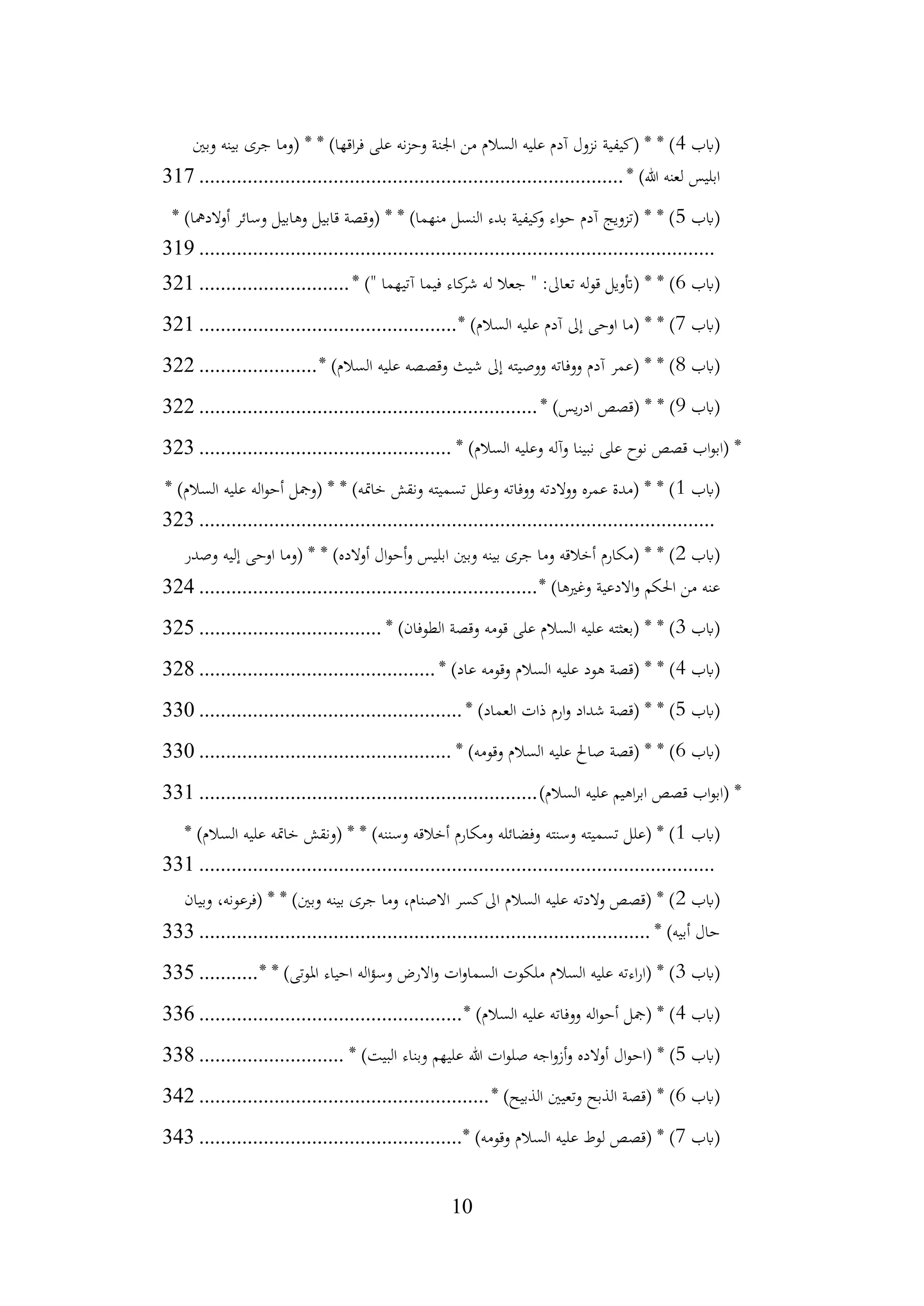 10
‫(ابب‬
4
‫جرى‬ ‫(وما‬ * * )‫اقها‬‫ر‬‫ف‬ ‫على‬ ‫نه‬‫ز‬‫وح‬ ‫اجلنة‬ ‫من‬ ‫السالم‬ ‫عليه‬ ‫آدم‬ ‫نزول‬ ‫(كيفية‬ * * )
‫وبني‬ ‫بينه‬
* )‫هللا‬ ‫لعنه‬ ‫ابليس‬
................................
................................
...............
317
‫(ابب‬
5
* )‫أوالدمها‬ ‫وسائر‬ ‫وهابيل‬ ‫قابيل‬ ‫(وقصة‬ * * )‫منهما‬ ‫النسل‬ ‫بدء‬ ‫كيفية‬
‫و‬ ‫اء‬‫و‬‫ح‬ ‫آدم‬ ‫(تزويج‬ * * )
................................
................................
................................
319
‫(ابب‬
6
‫فيما‬ ‫كاء‬
‫شر‬ ‫له‬ ‫جعال‬ " :‫تعاىل‬ ‫قوله‬ ‫(أتويل‬ * * )
* )" ‫آتيهما‬
............................
321
‫(ابب‬
7
* )‫السالم‬ ‫عليه‬ ‫آدم‬ ‫إىل‬ ‫اوحى‬ ‫(ما‬ * * )
................................
................
321
‫(ابب‬
8
* )‫السالم‬ ‫عليه‬ ‫وقصصه‬ ‫شيث‬ ‫إىل‬ ‫ووصيته‬ ‫ووفاته‬ ‫آدم‬ ‫(عمر‬ * * )
......................
322
‫(ابب‬
9
* )‫يس‬‫ر‬‫اد‬ ‫(قصص‬ * * )
................................
...............................
322
* )‫السالم‬ ‫وعليه‬ ‫وآله‬ ‫نبينا‬ ‫على‬ ‫نوح‬ ‫قصص‬ ‫اب‬‫و‬‫(اب‬ *
................................
...............
323
‫(ابب‬
1
* )‫السالم‬ ‫عليه‬ ‫اله‬‫و‬‫أح‬ ‫(ومجل‬ * * )‫خامته‬ ‫ونقش‬ ‫تسميته‬ ‫وعلل‬ ‫ووفاته‬ ‫ووالدته‬ ‫عمره‬ ‫(مدة‬ * * )
................................
................................
................................
323
‫(ابب‬
2
‫وصدر‬ ‫إليه‬ ‫اوحى‬ ‫(وما‬ * * )‫أوالده‬ ‫ال‬‫و‬‫أح‬‫و‬ ‫ابليس‬ ‫وبني‬ ‫بينه‬ ‫جرى‬ ‫وما‬ ‫أخالقه‬ ‫(مكارم‬ * * )
* )‫وغريها‬ ‫االدعية‬‫و‬ ‫احلكم‬ ‫من‬ ‫عنه‬
................................
...............................
324
‫(ابب‬
3
* )‫الطوفان‬ ‫وقصة‬ ‫قومه‬ ‫على‬ ‫السالم‬ ‫عليه‬ ‫(بعثته‬ * * )
................................
..
325
‫(ابب‬
4
* )‫عاد‬ ‫وقومه‬ ‫السالم‬ ‫عليه‬ ‫هود‬ ‫(قصة‬ * * )
................................
............
328
‫(ابب‬
5
* )‫العماد‬ ‫ذات‬ ‫ارم‬‫و‬ ‫شداد‬ ‫(قصة‬ * * )
................................
.................
330
‫(ابب‬
6
* )‫وقومه‬ ‫السالم‬ ‫عليه‬ ‫صاحل‬ ‫(قصة‬ * * )
................................
...............
330
)‫السالم‬ ‫عليه‬ ‫اهيم‬‫ر‬‫اب‬ ‫قصص‬ ‫اب‬‫و‬‫(اب‬ *
................................
...............................
331
‫(ابب‬
1
* )‫السالم‬ ‫عليه‬ ‫خامته‬ ‫(ونقش‬ * * )‫وسننه‬ ‫أخالقه‬ ‫ومكارم‬ ‫وفضائله‬ ‫وسنته‬ ‫تسميته‬ ‫(علل‬ * )
................................
................................
................................
331
‫(ابب‬
2
‫وبيان‬ ،‫(فرعونه‬ * * )‫وبني‬ ‫بينه‬ ‫جرى‬ ‫وما‬ ،‫االصنام‬ ‫كسر‬‫اىل‬ ‫السالم‬ ‫عليه‬ ‫والدته‬ ‫(قصص‬ * )
* )‫أبيه‬ ‫حال‬
................................
................................
....................
333
‫(ابب‬
3
* * )‫املوتى‬ ‫احياء‬ ‫اله‬‫ؤ‬‫وس‬ ‫االرض‬‫و‬ ‫ات‬‫و‬‫السما‬ ‫ملكوت‬ ‫السالم‬ ‫عليه‬ ‫اءته‬‫ر‬‫(ا‬ * )
...........
335
‫(ابب‬
4
* )‫السالم‬ ‫عليه‬ ‫ووفاته‬ ‫اله‬‫و‬‫أح‬ ‫(مجل‬ * )
................................
.................
336
‫(ابب‬
5
‫ال‬‫و‬‫(اح‬ * )
* )‫البيت‬ ‫وبناء‬ ‫عليهم‬ ‫هللا‬ ‫ات‬‫و‬‫صل‬ ‫اجه‬‫و‬‫أز‬‫و‬ ‫أوالده‬
...........................
338
‫(ابب‬
6
* )‫الذبيح‬ ‫وتعيني‬ ‫الذبح‬ ‫(قصة‬ * )
................................
......................
342
‫(ابب‬
7
* )‫وقومه‬ ‫السالم‬ ‫عليه‬ ‫لوط‬ ‫(قصص‬ * )
................................
.................
343
 