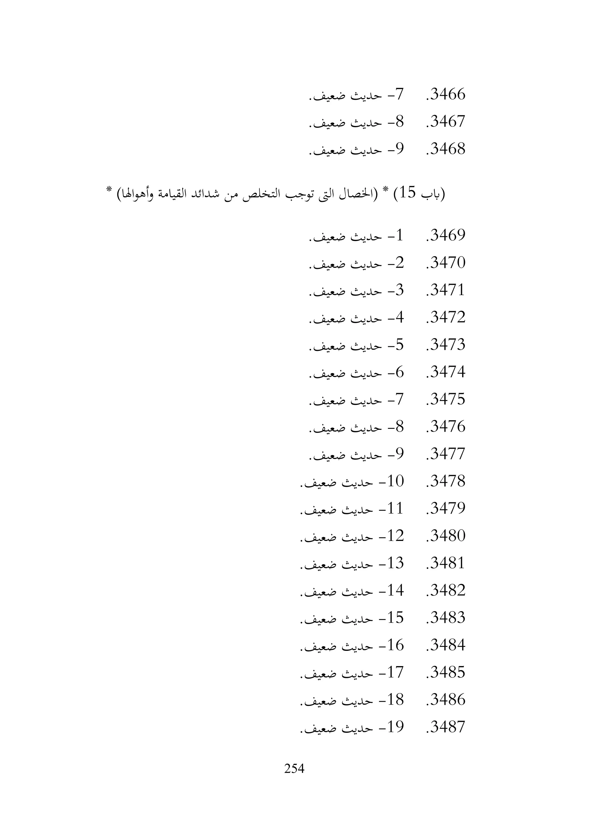 254
3466
.
7
-
.‫ضعيف‬ ‫حديث‬
3467
.
8
-
.‫ضعيف‬ ‫حديث‬
3468
.
9
-
.‫ضعيف‬ ‫حديث‬
‫(ابب‬
15
* )‫اهلا‬‫و‬‫أه‬‫و‬ ‫القيامة‬ ‫شدائد‬ ‫من‬ ‫التخلص‬ ‫توجب‬ ‫الىت‬ ‫(اخلصال‬ * )
3469
.
1
-
.‫ضعيف‬ ‫حديث‬
3470
.
2
-
.‫ضعيف‬ ‫حديث‬
3471
.
3
-
.‫ضعيف‬ ‫حديث‬
3472
.
4
-
.‫ضعيف‬ ‫حديث‬
3473
.
5
-
.‫ضعيف‬ ‫حديث‬
3474
.
6
-
.‫ضعيف‬ ‫حديث‬
3475
.
7
-
.‫ضعيف‬ ‫حديث‬
3476
.
8
-
.‫ضعيف‬ ‫حديث‬
3477
.
9
-
.‫ضعيف‬ ‫حديث‬
3478
.
10
-
.‫ضعيف‬ ‫حديث‬
3479
.
11
-
.‫ضعيف‬ ‫حديث‬
3480
.
12
-
.‫ضعيف‬ ‫حديث‬
3481
.
13
-
.‫ضعيف‬ ‫حديث‬
3482
.
14
-
.‫ضعيف‬ ‫حديث‬
3483
.
15
-
.‫ضعيف‬ ‫حديث‬
3484
.
16
-
.‫ضعيف‬ ‫حديث‬
3485
.
17
-
.‫ضعيف‬ ‫حديث‬
3486
.
18
-
.‫ضعيف‬ ‫حديث‬
3487
.
19
-
.‫ضعيف‬ ‫حديث‬
 