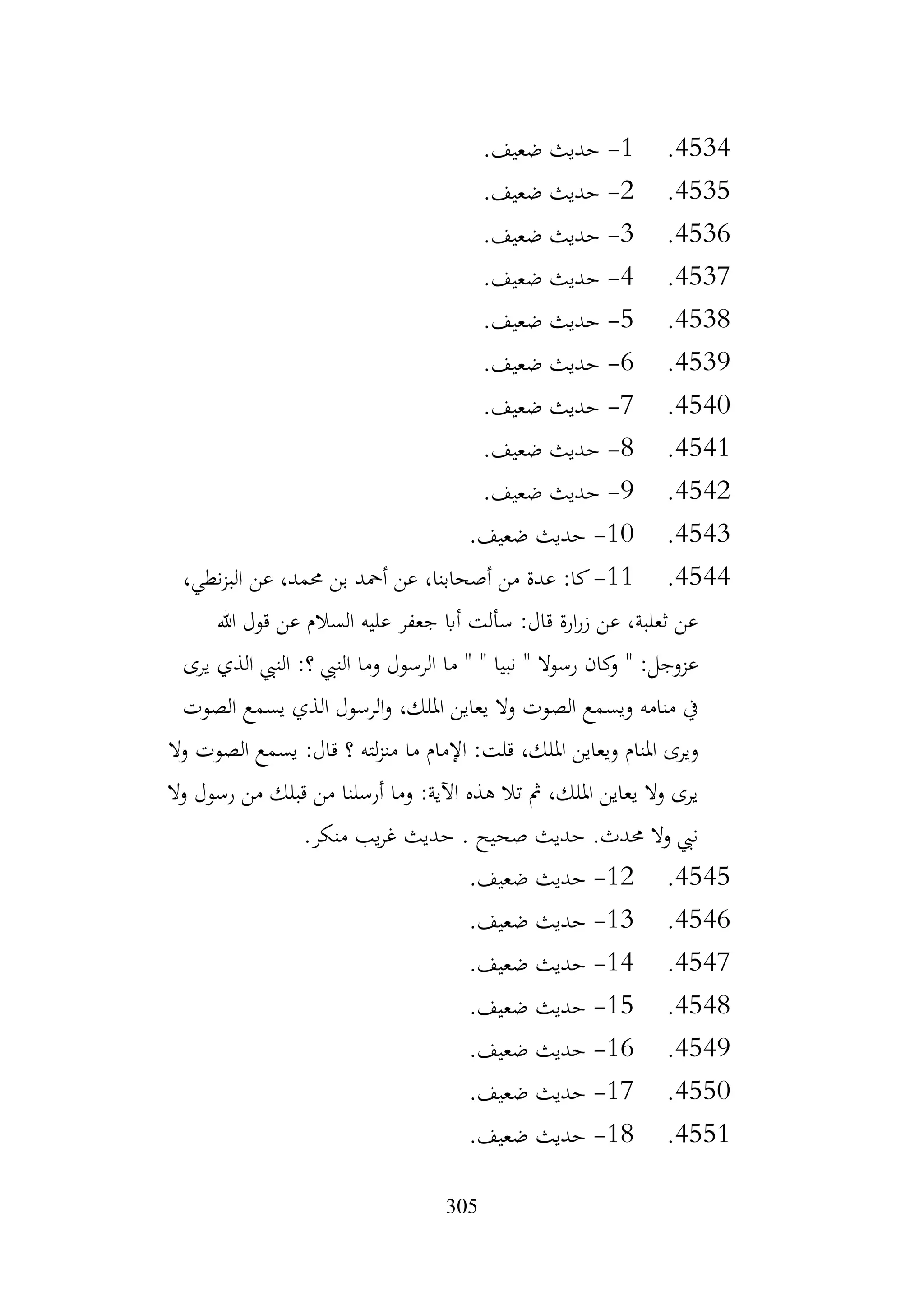 305
4534
.
1
-
.‫ضعيف‬ ‫حديث‬
4535
.
2
-
.‫ضعيف‬ ‫حديث‬
4536
.
3
-
.‫ضعيف‬ ‫حديث‬
4537
.
4
-
.‫ضعيف‬ ‫حديث‬
4538
.
5
-
.‫ضعيف‬ ‫حديث‬
4539
.
6
-
.‫ضعيف‬ ‫حديث‬
4540
.
7
-
.‫ضعيف‬ ‫حديث‬
4541
.
8
-
.‫ضعيف‬ ‫حديث‬
4542
.
9
-
.‫ضعيف‬ ‫حديث‬
4543
.
10
-
.‫ضعيف‬ ‫حديث‬
4544
.
11
-
‫عن‬ ،‫حممد‬ ‫بن‬ ‫أمحد‬ ‫عن‬ ،‫أصحابنا‬ ‫من‬ ‫عدة‬ :‫كا‬
،‫نطي‬‫ز‬‫الب‬
‫هللا‬ ‫قول‬ ‫عن‬ ‫السالم‬ ‫عليه‬ ‫جعفر‬ ‫أاب‬ ‫سألت‬ :‫قال‬ ‫ارة‬‫ر‬‫ز‬ ‫عن‬ ،‫ثعلبة‬ ‫عن‬
‫يرى‬ ‫الذي‬ ‫النيب‬ :‫؟‬ ‫النيب‬ ‫وما‬ ‫الرسول‬ ‫ما‬ " " ‫نبيا‬ " ‫رسوال‬ ‫كان‬
‫و‬ " :‫عزوجل‬
‫الصوت‬ ‫يسمع‬ ‫الذي‬ ‫الرسول‬‫و‬ ،‫امللك‬ ‫يعاين‬ ‫وال‬ ‫الصوت‬ ‫ويسمع‬ ‫منامه‬ ‫يف‬
:‫قال‬ ‫؟‬ ‫لته‬‫ز‬‫من‬ ‫ما‬ ‫اإلمام‬ :‫قلت‬ ،‫امللك‬ ‫ويعاين‬ ‫املنام‬ ‫ويرى‬
‫وال‬ ‫الصوت‬ ‫يسمع‬
‫وال‬ ‫رسول‬ ‫من‬ ‫قبلك‬ ‫من‬ ‫أرسلنا‬ ‫وما‬ :‫اآلية‬ ‫هذه‬ ‫تال‬ ‫مث‬ ،‫امللك‬ ‫يعاين‬ ‫وال‬ ‫يرى‬
.‫منكر‬ ‫يب‬‫ر‬‫غ‬ ‫حديث‬ . ‫صحيح‬ ‫حديث‬ .‫حمدث‬ ‫وال‬ ‫نيب‬
4545
.
12
-
.‫ضعيف‬ ‫حديث‬
4546
.
13
-
.‫ضعيف‬ ‫حديث‬
4547
.
14
-
.‫ضعيف‬ ‫حديث‬
4548
.
15
-
.‫ضعيف‬ ‫حديث‬
4549
.
16
-
.‫ضعيف‬ ‫حديث‬
4550
.
17
-
.‫ضعيف‬ ‫حديث‬
4551
.
18
-
.‫ضعيف‬ ‫حديث‬
 