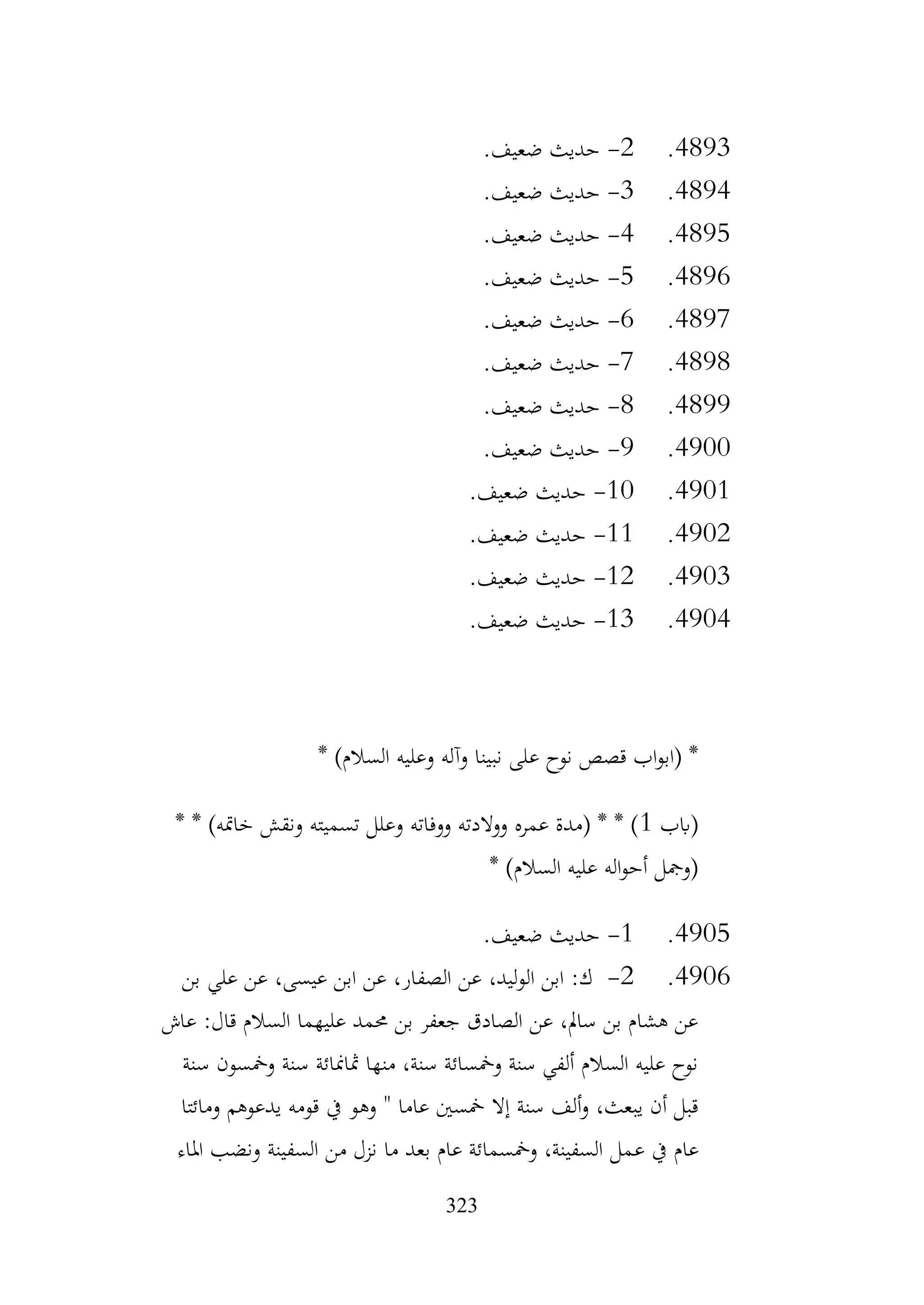 323
4893
.
2
-
.‫ضعيف‬ ‫حديث‬
4894
.
3
-
.‫ضعيف‬ ‫حديث‬
4895
.
4
-
‫حديث‬
.‫ضعيف‬
4896
.
5
-
.‫ضعيف‬ ‫حديث‬
4897
.
6
-
.‫ضعيف‬ ‫حديث‬
4898
.
7
-
.‫ضعيف‬ ‫حديث‬
4899
.
8
-
.‫ضعيف‬ ‫حديث‬
4900
.
9
-
.‫ضعيف‬ ‫حديث‬
4901
.
10
-
.‫ضعيف‬ ‫حديث‬
4902
.
11
-
.‫ضعيف‬ ‫حديث‬
4903
.
12
-
.‫ضعيف‬ ‫حديث‬
4904
.
13
-
.‫ضعيف‬ ‫حديث‬
* )‫السالم‬ ‫وعليه‬ ‫وآله‬ ‫نبينا‬ ‫على‬ ‫نوح‬ ‫قصص‬ ‫اب‬‫و‬‫(اب‬ *
‫(ابب‬
1
* * )‫خامته‬ ‫ونقش‬ ‫تسميته‬ ‫وعلل‬ ‫ووفاته‬ ‫ووالدته‬ ‫عمره‬ ‫(مدة‬ * * )
* )‫السالم‬ ‫عليه‬ ‫اله‬‫و‬‫أح‬ ‫(ومجل‬
4905
.
1
-
.‫ضعيف‬ ‫حديث‬
4906
.
2
-
‫بن‬ ‫علي‬ ‫عن‬ ،‫عيسى‬ ‫ابن‬ ‫عن‬ ،‫الصفار‬ ‫عن‬ ،‫ليد‬‫و‬‫ال‬ ‫ابن‬ :‫ك‬
‫عاش‬ :‫قال‬ ‫السالم‬ ‫عليهما‬ ‫حممد‬ ‫بن‬ ‫جعفر‬ ‫الصادق‬ ‫عن‬ ،‫سامل‬ ‫بن‬ ‫هشام‬ ‫عن‬
‫سنة‬ ‫ومخسون‬ ‫سنة‬ ‫مثامنائة‬ ‫منها‬ ،‫سنة‬ ‫ومخسائة‬ ‫سنة‬ ‫ألفي‬ ‫السالم‬ ‫عليه‬ ‫نوح‬
‫ومائتا‬ ‫يدعوهم‬ ‫قومه‬ ‫يف‬ ‫وهو‬ " ‫عاما‬ ‫مخسني‬ ‫إال‬ ‫سنة‬ ‫ألف‬‫و‬ ،‫يبعث‬ ‫أن‬ ‫قبل‬
‫ع‬ ‫يف‬ ‫عام‬
‫املاء‬ ‫ونضب‬ ‫السفينة‬ ‫من‬ ‫نزل‬ ‫ما‬ ‫بعد‬ ‫عام‬ ‫ومخسمائة‬ ،‫السفينة‬ ‫مل‬
 