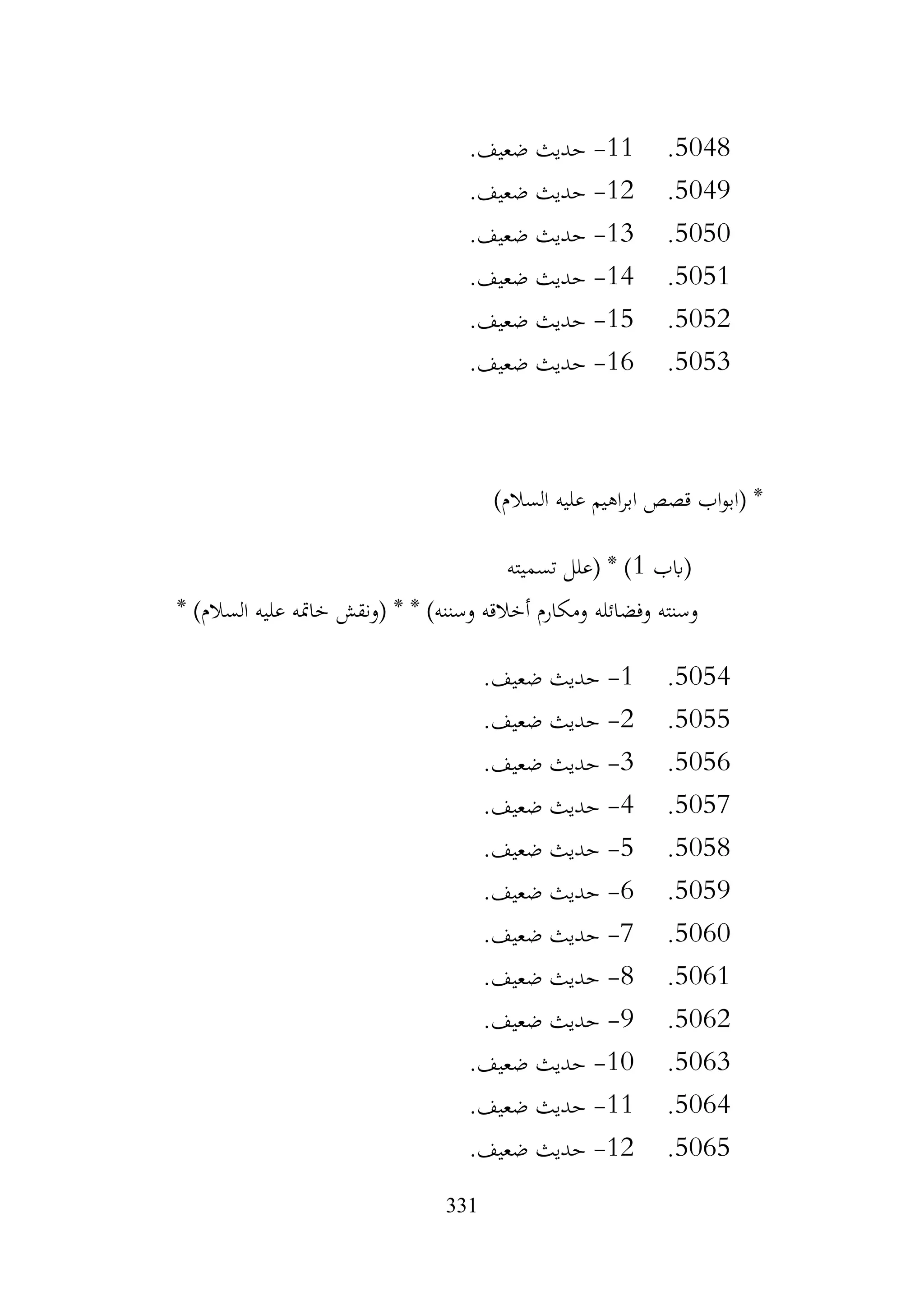 331
5048
.
11
-
.‫ضعيف‬ ‫حديث‬
5049
.
12
-
.‫ضعيف‬ ‫حديث‬
5050
.
13
-
.‫ضعيف‬ ‫حديث‬
5051
.
14
-
.‫ضعيف‬ ‫حديث‬
5052
.
15
-
.‫ضعيف‬ ‫حديث‬
5053
.
16
-
.‫ضعيف‬ ‫حديث‬
)‫السالم‬ ‫عليه‬ ‫اهيم‬‫ر‬‫اب‬ ‫قصص‬ ‫اب‬‫و‬‫(اب‬ *
‫(ابب‬
1
‫تسميته‬ ‫(علل‬ * )
* )‫السالم‬ ‫عليه‬ ‫خامته‬ ‫(ونقش‬ * * )‫وسننه‬ ‫أخالقه‬ ‫ومكارم‬ ‫وفضائله‬ ‫وسنته‬
5054
.
1
-
.‫ضعيف‬ ‫حديث‬
5055
.
2
-
.‫ضعيف‬ ‫حديث‬
5056
.
3
-
.‫ضعيف‬ ‫حديث‬
5057
.
4
-
.‫ضعيف‬ ‫حديث‬
5058
.
5
-
.‫ضعيف‬ ‫حديث‬
5059
.
6
-
.‫ضعيف‬ ‫حديث‬
5060
.
7
-
.‫ضعيف‬ ‫حديث‬
5061
.
8
-
.‫ضعيف‬ ‫حديث‬
5062
.
9
-
.‫ضعيف‬ ‫حديث‬
5063
.
10
-
.‫ضعيف‬ ‫حديث‬
5064
.
11
-
.‫ضعيف‬ ‫حديث‬
5065
.
12
-
.‫ضعيف‬ ‫حديث‬
 