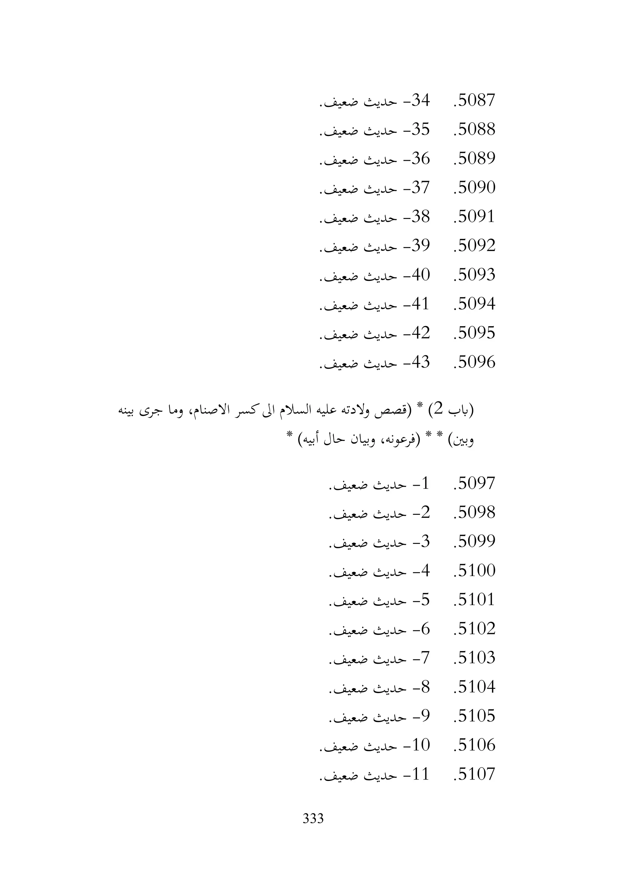 333
5087
.
34
-
.‫ضعيف‬ ‫حديث‬
5088
.
35
-
.‫ضعيف‬ ‫حديث‬
5089
.
36
-
.‫ضعيف‬ ‫حديث‬
5090
.
37
-
.‫ضعيف‬ ‫حديث‬
5091
.
38
-
.‫ضعيف‬ ‫حديث‬
5092
.
39
-
.‫ضعيف‬ ‫حديث‬
5093
.
40
-
.‫ضعيف‬ ‫حديث‬
5094
.
41
-
.‫ضعيف‬ ‫حديث‬
5095
.
42
-
.‫ضعيف‬ ‫حديث‬
5096
.
43
-
.‫ضعيف‬ ‫حديث‬
‫(ابب‬
2
‫بينه‬ ‫جرى‬ ‫وما‬ ،‫االصنام‬ ‫كسر‬‫اىل‬ ‫السالم‬ ‫عليه‬ ‫والدته‬ ‫(قصص‬ * )
* )‫أبيه‬ ‫حال‬ ‫وبيان‬ ،‫(فرعونه‬ * * )‫وبني‬
5097
.
1
-
.‫ضعيف‬ ‫حديث‬
5098
.
2
-
.‫ضعيف‬ ‫حديث‬
5099
.
3
-
.‫ضعيف‬ ‫حديث‬
5100
.
4
-
.‫ضعيف‬ ‫حديث‬
5101
.
5
-
.‫ضعيف‬ ‫حديث‬
5102
.
6
-
.‫ضعيف‬ ‫حديث‬
5103
.
7
-
.‫ضعيف‬ ‫حديث‬
5104
.
8
-
.‫ضعيف‬ ‫حديث‬
5105
.
9
-
.‫ضعيف‬ ‫حديث‬
5106
.
10
-
.‫ضعيف‬ ‫حديث‬
5107
.
11
-
.‫ضعيف‬ ‫حديث‬
 