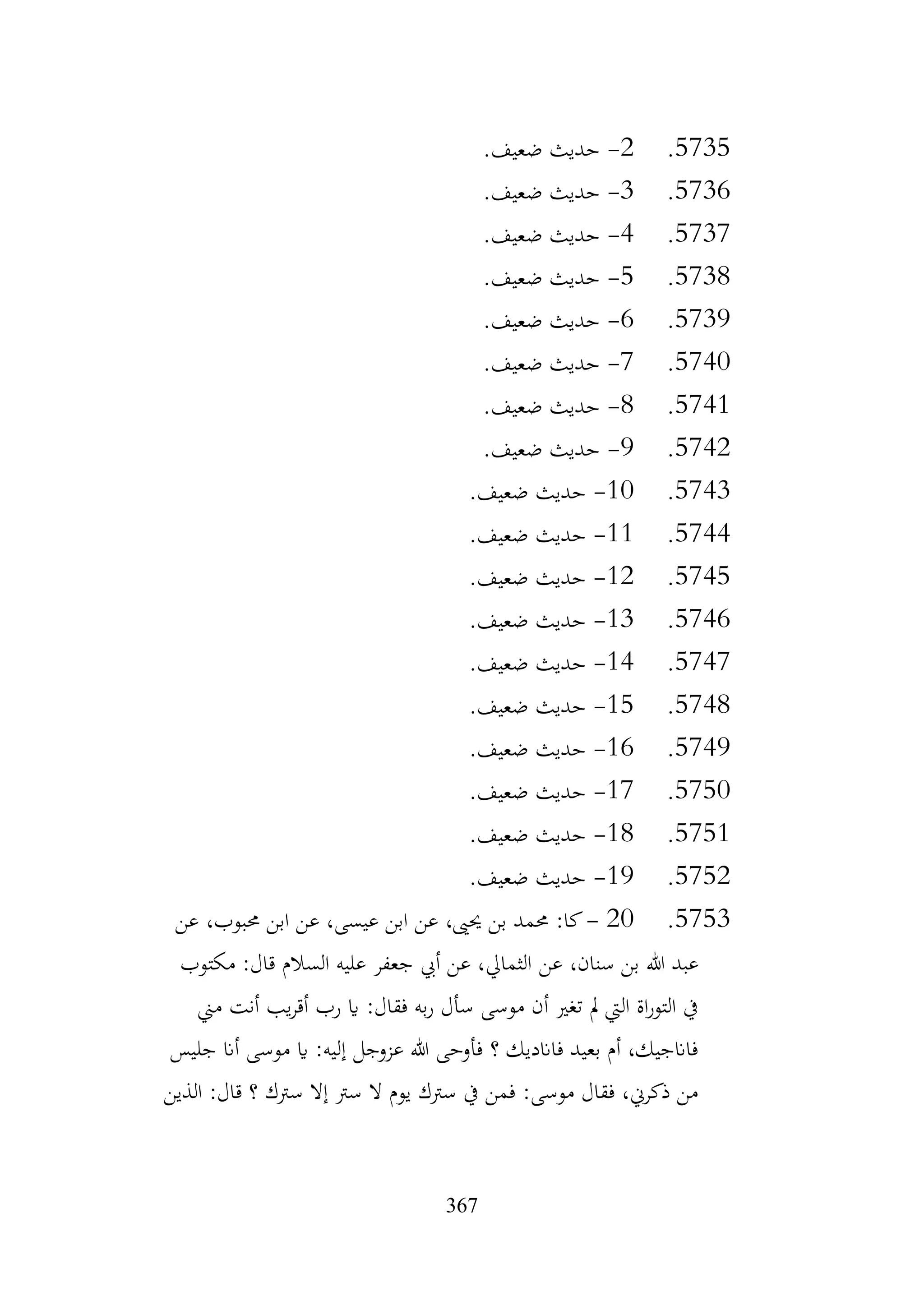 367
5735
.
2
-
.‫ضعيف‬ ‫حديث‬
5736
.
3
-
.‫ضعيف‬ ‫حديث‬
5737
.
4
-
.‫ضعيف‬ ‫حديث‬
5738
.
5
-
.‫ضعيف‬ ‫حديث‬
5739
.
6
-
.‫ضعيف‬ ‫حديث‬
5740
.
7
-
.‫ضعيف‬ ‫حديث‬
5741
.
8
-
‫حديث‬
.‫ضعيف‬
5742
.
9
-
.‫ضعيف‬ ‫حديث‬
5743
.
10
-
.‫ضعيف‬ ‫حديث‬
5744
.
11
-
.‫ضعيف‬ ‫حديث‬
5745
.
12
-
.‫ضعيف‬ ‫حديث‬
5746
.
13
-
.‫ضعيف‬ ‫حديث‬
5747
.
14
-
.‫ضعيف‬ ‫حديث‬
5748
.
15
-
.‫ضعيف‬ ‫حديث‬
5749
.
16
-
.‫ضعيف‬ ‫حديث‬
5750
.
17
-
.‫ضعيف‬ ‫حديث‬
5751
.
18
-
.‫ضعيف‬ ‫حديث‬
5752
.
19
-
.‫ضعيف‬ ‫حديث‬
5753
.
20
-
‫عن‬ ،‫حمبوب‬ ‫ابن‬ ‫عن‬ ،‫عيسى‬ ‫ابن‬ ‫عن‬ ،‫حيىي‬ ‫بن‬ ‫حممد‬ :‫كا‬
‫عن‬ ،‫سنان‬ ‫بن‬ ‫هللا‬ ‫عبد‬
‫مكتوب‬ :‫قال‬ ‫السالم‬ ‫عليه‬ ‫جعفر‬ ‫أيب‬ ‫عن‬ ،‫الثمايل‬
‫مين‬ ‫أنت‬ ‫يب‬‫ر‬‫أق‬ ‫رب‬ ‫اي‬ :‫فقال‬ ‫به‬‫ر‬ ‫سأل‬ ‫موسى‬ ‫أن‬ ‫تغري‬ ‫مل‬ ‫اليت‬ ‫اة‬‫ر‬‫التو‬ ‫يف‬
‫جليس‬ ‫أان‬ ‫موسى‬ ‫اي‬ :‫إليه‬ ‫عزوجل‬ ‫هللا‬ ‫فأوحى‬ ‫؟‬ ‫فاانديك‬ ‫بعيد‬ ‫أم‬ ،‫فاانجيك‬
‫الذين‬ :‫قال‬ ‫؟‬ ‫سرتك‬ ‫إال‬ ‫سرت‬ ‫ال‬ ‫يوم‬ ‫سرتك‬ ‫يف‬ ‫فمن‬ :‫موسى‬ ‫فقال‬ ،‫ذكرين‬ ‫من‬
 