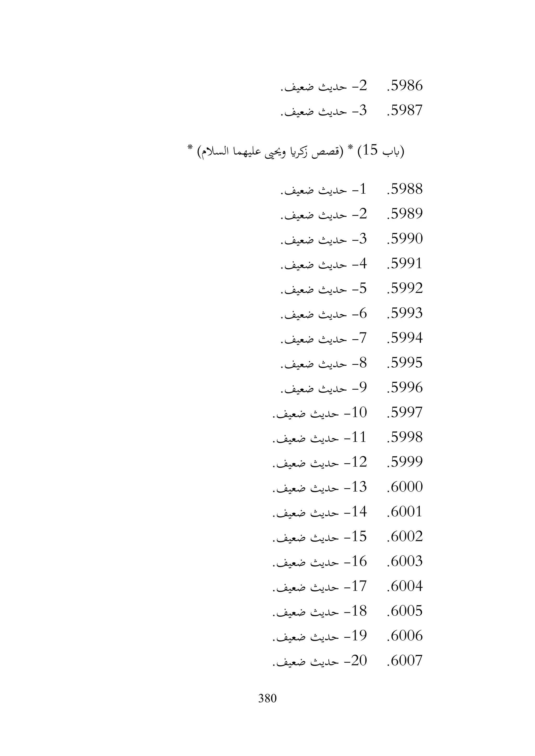 380
5986
.
2
-
.‫ضعيف‬ ‫حديث‬
5987
.
3
-
.‫ضعيف‬ ‫حديث‬
‫(ابب‬
15
* )‫السالم‬ ‫عليهما‬ ‫وحيىي‬ ‫اي‬‫ر‬‫ك‬
‫ز‬ ‫(قصص‬ * )
5988
.
1
-
.‫ضعيف‬ ‫حديث‬
5989
.
2
-
‫حديث‬
.‫ضعيف‬
5990
.
3
-
.‫ضعيف‬ ‫حديث‬
5991
.
4
-
.‫ضعيف‬ ‫حديث‬
5992
.
5
-
.‫ضعيف‬ ‫حديث‬
5993
.
6
-
.‫ضعيف‬ ‫حديث‬
5994
.
7
-
.‫ضعيف‬ ‫حديث‬
5995
.
8
-
.‫ضعيف‬ ‫حديث‬
5996
.
9
-
.‫ضعيف‬ ‫حديث‬
5997
.
10
-
.‫ضعيف‬ ‫حديث‬
5998
.
11
-
.‫ضعيف‬ ‫حديث‬
5999
.
12
-
.‫ضعيف‬ ‫حديث‬
6000
.
13
-
.‫ضعيف‬ ‫حديث‬
6001
.
14
-
.‫ضعيف‬ ‫حديث‬
6002
.
15
-
.‫ضعيف‬ ‫حديث‬
6003
.
16
-
.‫ضعيف‬ ‫حديث‬
6004
.
17
-
.‫ضعيف‬ ‫حديث‬
6005
.
18
-
.‫ضعيف‬ ‫حديث‬
6006
.
19
-
‫حديث‬
.‫ضعيف‬
6007
.
20
-
.‫ضعيف‬ ‫حديث‬
 