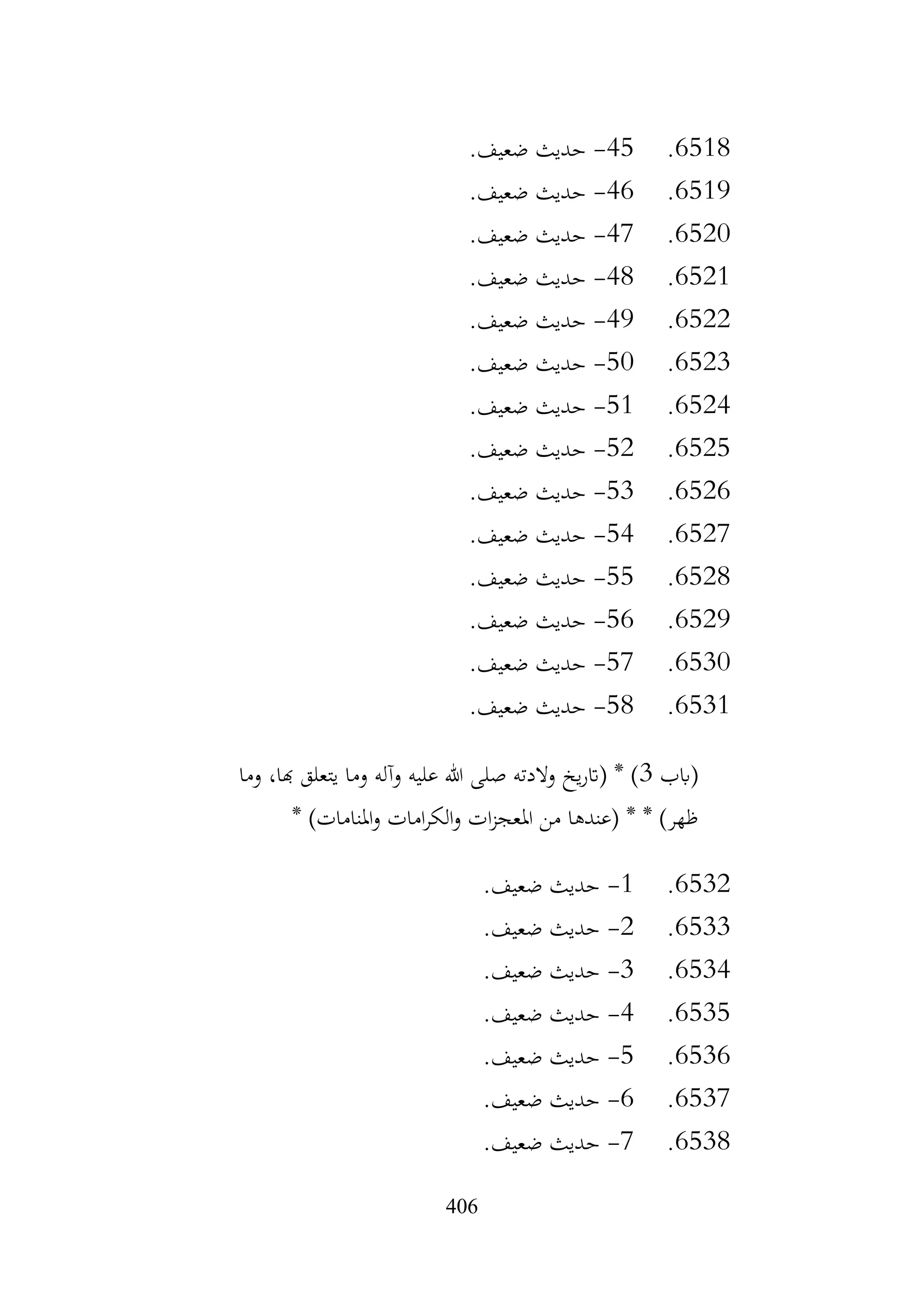 406
6518
.
45
-
.‫ضعيف‬ ‫حديث‬
6519
.
46
-
.‫ضعيف‬ ‫حديث‬
6520
.
47
-
.‫ضعيف‬ ‫حديث‬
6521
.
48
-
.‫ضعيف‬ ‫حديث‬
6522
.
49
-
.‫ضعيف‬ ‫حديث‬
6523
.
50
-
.‫ضعيف‬ ‫حديث‬
6524
.
51
-
.‫ضعيف‬ ‫حديث‬
6525
.
52
-
.‫ضعيف‬ ‫حديث‬
6526
.
53
-
.‫ضعيف‬ ‫حديث‬
6527
.
54
-
.‫ضعيف‬ ‫حديث‬
6528
.
55
-
.‫ضعيف‬ ‫حديث‬
6529
.
56
-
.‫ضعيف‬ ‫حديث‬
6530
.
57
-
.‫ضعيف‬ ‫حديث‬
6531
.
58
-
.‫ضعيف‬ ‫حديث‬
‫(ابب‬
3
‫وما‬ ،‫هبا‬ ‫يتعلق‬ ‫وما‬ ‫وآله‬ ‫عليه‬ ‫هللا‬ ‫صلى‬ ‫والدته‬ ‫يخ‬‫ر‬‫(ات‬ * )
* )‫املنامات‬‫و‬ ‫امات‬‫ر‬‫الك‬‫و‬ ‫ات‬‫ز‬‫املعج‬ ‫من‬ ‫(عندها‬ * * )‫ظهر‬
6532
.
1
-
.‫ضعيف‬ ‫حديث‬
6533
.
2
-
.‫ضعيف‬ ‫حديث‬
6534
.
3
-
.‫ضعيف‬ ‫حديث‬
6535
.
4
-
.‫ضعيف‬ ‫حديث‬
6536
.
5
-
.‫ضعيف‬ ‫حديث‬
6537
.
6
-
.‫ضعيف‬ ‫حديث‬
6538
.
7
-
.‫ضعيف‬ ‫حديث‬
 