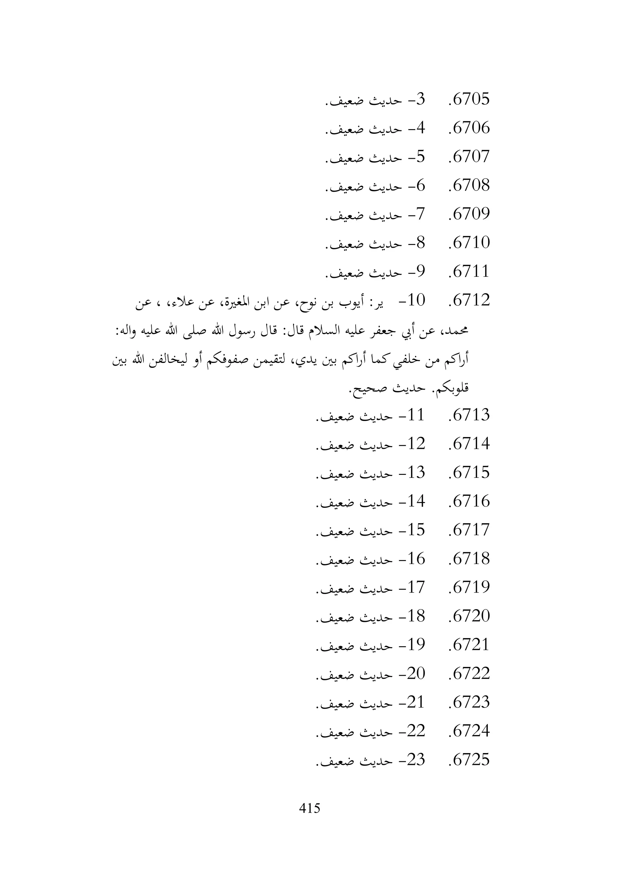 415
6705
.
3
-
.‫ضعيف‬ ‫حديث‬
6706
.
4
-
.‫ضعيف‬ ‫حديث‬
6707
.
5
-
.‫ضعيف‬ ‫حديث‬
6708
.
6
-
.‫ضعيف‬ ‫حديث‬
6709
.
7
-
.‫ضعيف‬ ‫حديث‬
6710
.
8
-
.‫ضعيف‬ ‫حديث‬
6711
.
9
-
.‫ضعيف‬ ‫حديث‬
6712
.
10
-
‫عن‬ ، ،‫عالء‬ ‫عن‬ ،‫املغرية‬ ‫ابن‬ ‫عن‬ ،‫نوح‬ ‫بن‬ ‫أيوب‬ :‫ير‬
:‫اله‬‫و‬ ‫عليه‬ ‫هللا‬ ‫صلى‬ ‫هللا‬ ‫رسول‬ ‫قال‬ :‫قال‬ ‫السالم‬ ‫عليه‬ ‫جعفر‬ ‫أيب‬ ‫عن‬ ،‫حممد‬
‫بني‬ ‫هللا‬ ‫ليخالفن‬ ‫أو‬ ‫صفوفكم‬ ‫لتقيمن‬ ،‫يدي‬ ‫بني‬ ‫اكم‬‫ر‬‫أ‬ ‫كما‬‫خلفي‬ ‫من‬ ‫اكم‬‫ر‬‫أ‬
.‫صحيح‬ ‫حديث‬ .‫قلوبكم‬
6713
.
11
-
.‫ضعيف‬ ‫حديث‬
6714
.
12
-
.‫ضعيف‬ ‫حديث‬
6715
.
13
-
.‫ضعيف‬ ‫حديث‬
6716
.
14
-
.‫ضعيف‬ ‫حديث‬
6717
.
15
-
.‫ضعيف‬ ‫حديث‬
6718
.
16
-
.‫ضعيف‬ ‫حديث‬
6719
.
17
-
.‫ضعيف‬ ‫حديث‬
6720
.
18
-
.‫ضعيف‬ ‫حديث‬
6721
.
19
-
.‫ضعيف‬ ‫حديث‬
6722
.
20
-
.‫ضعيف‬ ‫حديث‬
6723
.
21
-
.‫ضعيف‬ ‫حديث‬
6724
.
22
-
.‫ضعيف‬ ‫حديث‬
6725
.
23
-
.‫ضعيف‬ ‫حديث‬
 