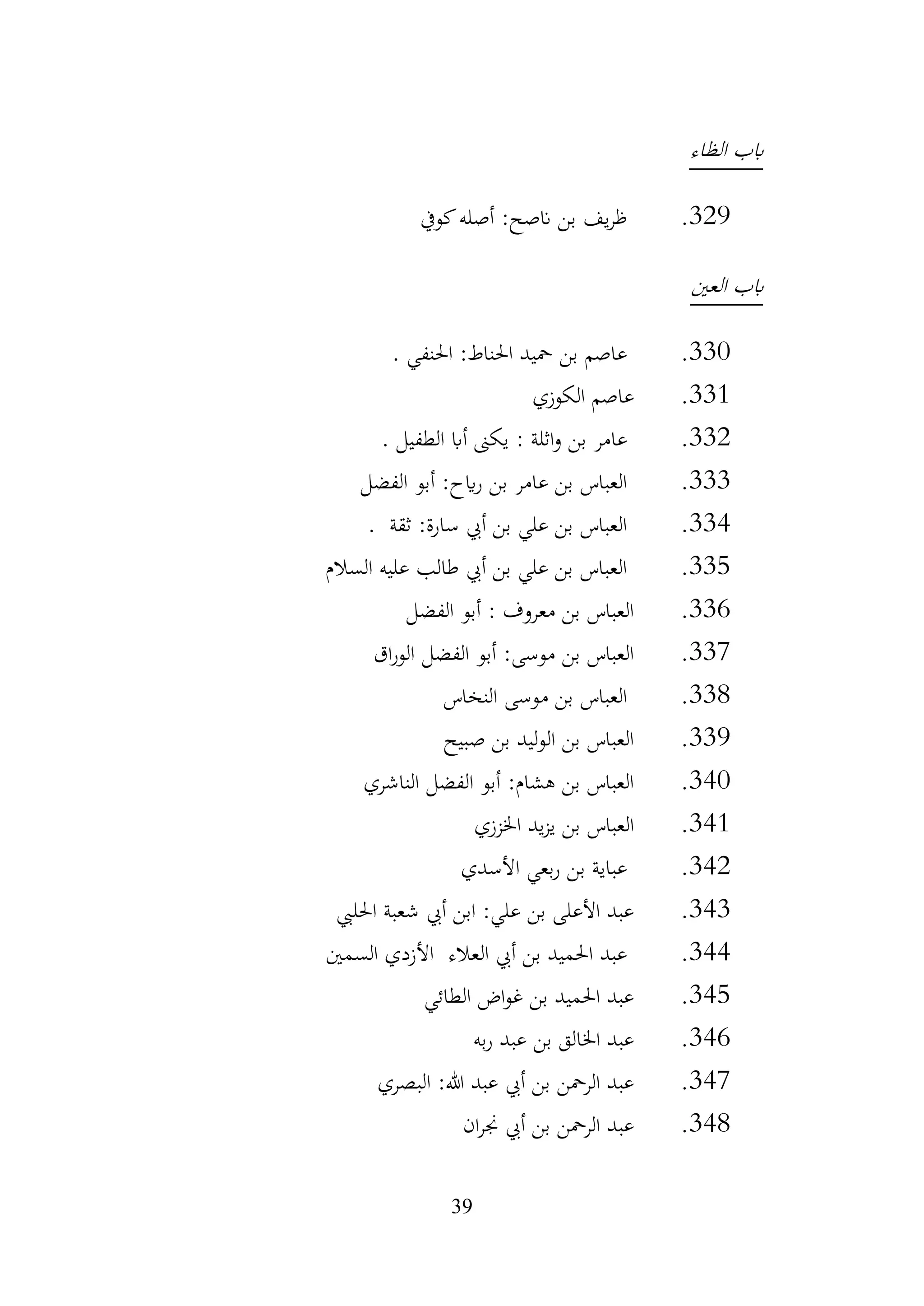 39
‫الظاء‬ ‫ابب‬
329
.
‫كويف‬‫أصله‬ :‫انصح‬ ‫بن‬ ‫يف‬‫ر‬‫ظ‬
‫العني‬ ‫ابب‬
330
.
‫احلنفي‬ :‫احلناط‬ ‫محيد‬ ‫بن‬ ‫عاصم‬
.
331
.
‫الكوزي‬ ‫عاصم‬
332
.
: ‫اثلة‬‫و‬ ‫بن‬ ‫عامر‬
‫الطفيل‬ ‫أاب‬ ‫يكىن‬
.
333
.
‫الفضل‬ ‫أبو‬ :‫ايح‬‫ر‬ ‫بن‬ ‫عامر‬ ‫بن‬ ‫العباس‬
334
.
‫ثقة‬ :‫سارة‬ ‫أيب‬ ‫بن‬ ‫علي‬ ‫بن‬ ‫العباس‬
.
335
.
‫السالم‬ ‫عليه‬ ‫طالب‬ ‫أيب‬ ‫بن‬ ‫علي‬ ‫بن‬ ‫العباس‬
336
.
‫الفضل‬ ‫أبو‬ : ‫معروف‬ ‫بن‬ ‫العباس‬
337
.
‫اق‬‫ر‬‫الو‬ ‫الفضل‬ ‫أبو‬ :‫موسى‬ ‫بن‬ ‫العباس‬
338
.
‫النخاس‬ ‫موسى‬ ‫بن‬ ‫العباس‬
339
.
‫صبيح‬ ‫بن‬ ‫ليد‬‫و‬‫ال‬ ‫بن‬ ‫العباس‬
340
.
‫الناشري‬ ‫الفضل‬ ‫أبو‬ :‫هشام‬ ‫بن‬ ‫العباس‬
341
.
‫اخلززي‬ ‫يد‬‫ز‬‫ي‬ ‫بن‬ ‫العباس‬
342
.
‫األسدي‬ ‫بعي‬‫ر‬ ‫بن‬ ‫عباية‬
343
.
‫احلليب‬ ‫شعبة‬ ‫أيب‬ ‫ابن‬ :‫علي‬ ‫بن‬ ‫األعلى‬ ‫عبد‬
344
.
‫العالء‬ ‫أيب‬ ‫بن‬ ‫احلميد‬ ‫عبد‬
‫األزدي‬
‫السمني‬
345
.
‫الطائي‬ ‫اض‬‫و‬‫غ‬ ‫بن‬ ‫احلميد‬ ‫عبد‬
346
.
‫به‬‫ر‬ ‫عبد‬ ‫بن‬ ‫اخلالق‬ ‫عبد‬
347
.
‫البصري‬ :‫هللا‬ ‫عبد‬ ‫أيب‬ ‫بن‬ ‫الرمحن‬ ‫عبد‬
348
.
‫ان‬‫ر‬‫جن‬ ‫أيب‬ ‫بن‬ ‫الرمحن‬ ‫عبد‬
 