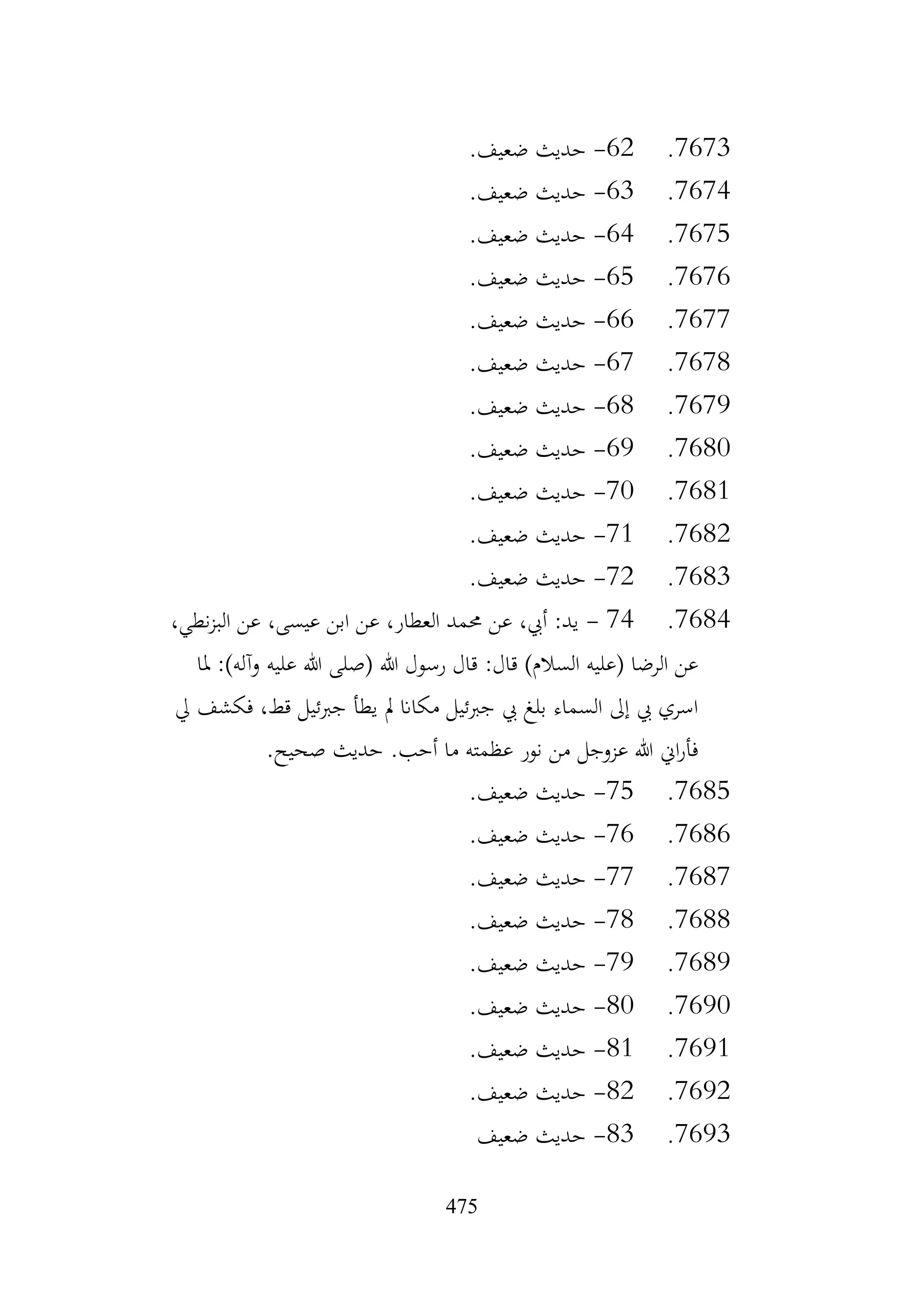 475
7673
.
62
-
.‫ضعيف‬ ‫حديث‬
7674
.
63
-
.‫ضعيف‬ ‫حديث‬
7675
.
64
-
.‫ضعيف‬ ‫حديث‬
7676
.
65
-
.‫ضعيف‬ ‫حديث‬
7677
.
66
-
.‫ضعيف‬ ‫حديث‬
7678
.
67
-
.‫ضعيف‬ ‫حديث‬
7679
.
68
-
.‫ضعيف‬ ‫حديث‬
7680
.
69
-
.‫ضعيف‬ ‫حديث‬
7681
.
70
-
.‫ضعيف‬ ‫حديث‬
7682
.
71
-
.‫ضعيف‬ ‫حديث‬
7683
.
72
-
.‫ضعيف‬ ‫حديث‬
7684
.
74
-
،‫نطي‬‫ز‬‫الب‬ ‫عن‬ ،‫عيسى‬ ‫ابن‬ ‫عن‬ ،‫العطار‬ ‫حممد‬ ‫عن‬ ،‫أيب‬ :‫يد‬
‫ملا‬ :)‫وآله‬ ‫عليه‬ ‫هللا‬ ‫(صلى‬ ‫هللا‬ ‫رسول‬ ‫قال‬ :‫قال‬ )‫السالم‬ ‫(عليه‬ ‫الرضا‬ ‫عن‬
‫يل‬ ‫فكشف‬ ،‫قط‬ ‫جربئيل‬ ‫يطأ‬ ‫مل‬ ‫مكاان‬ ‫جربئيل‬ ‫يب‬ ‫بلغ‬ ‫السماء‬ ‫إىل‬ ‫يب‬ ‫اسري‬
.‫صحيح‬ ‫حديث‬ .‫أحب‬ ‫ما‬ ‫عظمته‬ ‫نور‬ ‫من‬ ‫عزوجل‬ ‫هللا‬ ‫اين‬‫ر‬‫فأ‬
7685
.
75
-
.‫ضعيف‬ ‫حديث‬
7686
.
76
-
.‫ضعيف‬ ‫حديث‬
7687
.
77
-
.‫ضعيف‬ ‫حديث‬
7688
.
78
-
.‫ضعيف‬ ‫حديث‬
7689
.
79
-
‫حديث‬
.‫ضعيف‬
7690
.
80
-
.‫ضعيف‬ ‫حديث‬
7691
.
81
-
.‫ضعيف‬ ‫حديث‬
7692
.
82
-
.‫ضعيف‬ ‫حديث‬
7693
.
83
-
‫ضعيف‬ ‫حديث‬
 