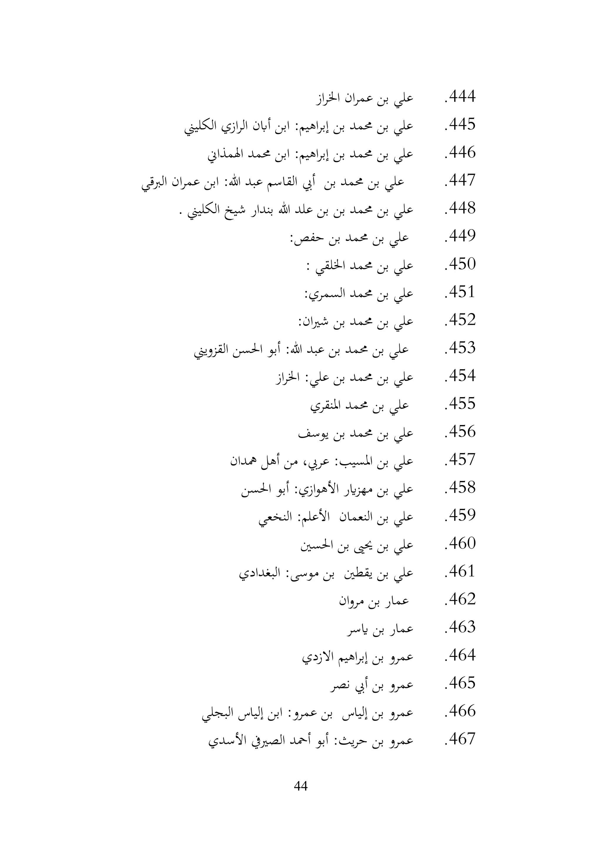 44
444
.
‫از‬‫ر‬‫اخل‬ ‫ان‬‫ر‬‫عم‬ ‫بن‬ ‫علي‬
445
.
‫الكليين‬ ‫ازي‬‫ر‬‫ال‬ ‫أابن‬ ‫ابن‬ :‫اهيم‬‫ر‬‫إب‬ ‫بن‬ ‫حممد‬ ‫بن‬ ‫علي‬
446
.
‫اهلمذاين‬ ‫حممد‬ ‫ابن‬ :‫اهيم‬‫ر‬‫إب‬ ‫بن‬ ‫حممد‬ ‫بن‬ ‫علي‬
447
.
‫الربقي‬ ‫ان‬‫ر‬‫عم‬ ‫ابن‬ :‫هللا‬ ‫عبد‬ ‫القاسم‬ ‫أيب‬ ‫بن‬ ‫حممد‬ ‫بن‬ ‫علي‬
448
.
‫بن‬ ‫حممد‬ ‫بن‬ ‫علي‬
‫هللا‬ ‫علد‬ ‫بن‬
‫بندار‬
‫شيخ‬
‫الكليين‬
.
449
.
:‫حفص‬ ‫بن‬ ‫حممد‬ ‫بن‬ ‫علي‬
450
.
: ‫اخللقي‬ ‫حممد‬ ‫بن‬ ‫علي‬
451
.
:‫السمري‬ ‫حممد‬ ‫بن‬ ‫علي‬
452
.
:‫ان‬‫ري‬‫ش‬ ‫بن‬ ‫حممد‬ ‫بن‬ ‫علي‬
453
.
‫القزويين‬ ‫احلسن‬ ‫أبو‬ :‫هللا‬ ‫عبد‬ ‫بن‬ ‫حممد‬ ‫بن‬ ‫علي‬
454
.
‫از‬‫ر‬‫اخل‬ :‫علي‬ ‫بن‬ ‫حممد‬ ‫بن‬ ‫علي‬
455
.
‫املنقري‬ ‫حممد‬ ‫بن‬ ‫علي‬
456
.
‫يوسف‬ ‫بن‬ ‫حممد‬ ‫بن‬ ‫علي‬
457
.
‫مهدان‬ ‫أهل‬ ‫من‬ ،‫عريب‬ :‫املسيب‬ ‫بن‬ ‫علي‬
458
.
‫احلسن‬ ‫أبو‬ :‫ازي‬‫و‬‫األه‬ ‫اير‬‫ز‬‫مه‬ ‫بن‬ ‫علي‬
459
.
‫النخعي‬ :‫األعلم‬ ‫النعمان‬ ‫بن‬ ‫علي‬
460
.
‫احلسني‬ ‫بن‬ ‫حيىي‬ ‫بن‬ ‫علي‬
461
.
‫البغدادي‬ :‫موسى‬ ‫بن‬ ‫يقطني‬ ‫بن‬ ‫علي‬
462
.
‫ان‬‫و‬‫مر‬ ‫بن‬ ‫عمار‬
463
.
‫ايسر‬ ‫بن‬ ‫عمار‬
464
.
‫االزدي‬ ‫اهيم‬‫ر‬‫إب‬ ‫بن‬ ‫عمرو‬
465
.
‫نصر‬ ‫أيب‬ ‫بن‬ ‫عمرو‬
466
.
‫البجلي‬ ‫إلياس‬ ‫ابن‬ :‫عمرو‬ ‫بن‬ ‫إلياس‬ ‫بن‬ ‫عمرو‬
467
.
‫األسدي‬ ‫الصرييف‬ ‫أمحد‬ ‫أبو‬ :‫يث‬‫ر‬‫ح‬ ‫بن‬ ‫عمرو‬
 