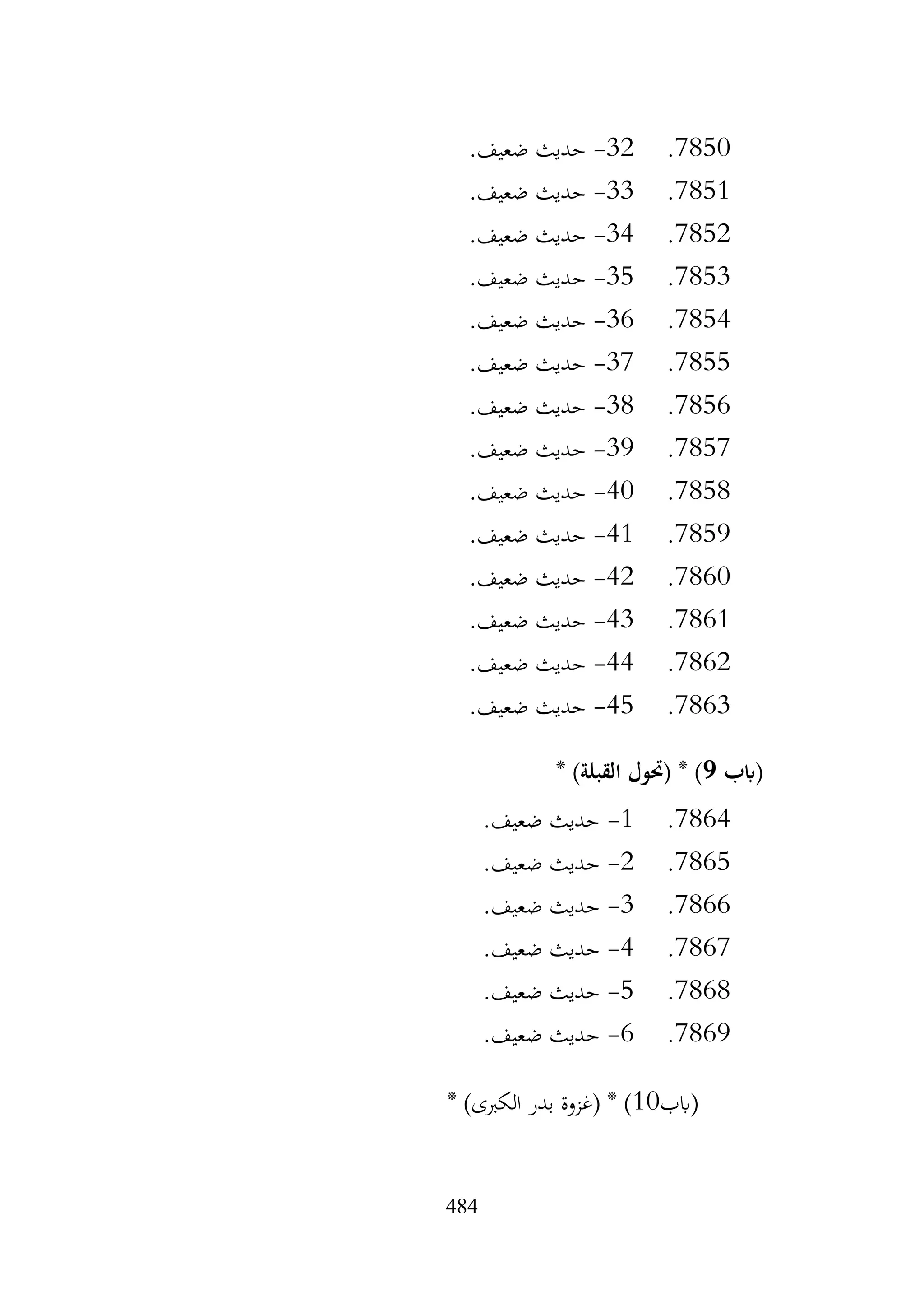 484
7850
.
32
-
.‫ضعيف‬ ‫حديث‬
7851
.
33
-
.‫ضعيف‬ ‫حديث‬
7852
.
34
-
.‫ضعيف‬ ‫حديث‬
7853
.
35
-
.‫ضعيف‬ ‫حديث‬
7854
.
36
-
.‫ضعيف‬ ‫حديث‬
7855
.
37
-
.‫ضعيف‬ ‫حديث‬
7856
.
38
-
.‫ضعيف‬ ‫حديث‬
7857
.
39
-
.‫ضعيف‬ ‫حديث‬
7858
.
40
-
.‫ضعيف‬ ‫حديث‬
7859
.
41
-
.‫ضعيف‬ ‫حديث‬
7860
.
42
-
.‫ضعيف‬ ‫حديث‬
7861
.
43
-
.‫ضعيف‬ ‫حديث‬
7862
.
44
-
.‫ضعيف‬ ‫حديث‬
7863
.
45
-
.‫ضعيف‬ ‫حديث‬
‫(ابب‬
9
* )‫القبلة‬ ‫(حتول‬ * )
7864
.
1
-
.‫ضعيف‬ ‫حديث‬
7865
.
2
-
.‫ضعيف‬ ‫حديث‬
7866
.
3
-
.‫ضعيف‬ ‫حديث‬
7867
.
4
-
.‫ضعيف‬ ‫حديث‬
7868
.
5
-
.‫ضعيف‬ ‫حديث‬
7869
.
6
-
.‫ضعيف‬ ‫حديث‬
‫(ابب‬
10
* )‫الكربى‬ ‫بدر‬ ‫(غزوة‬ * )
 