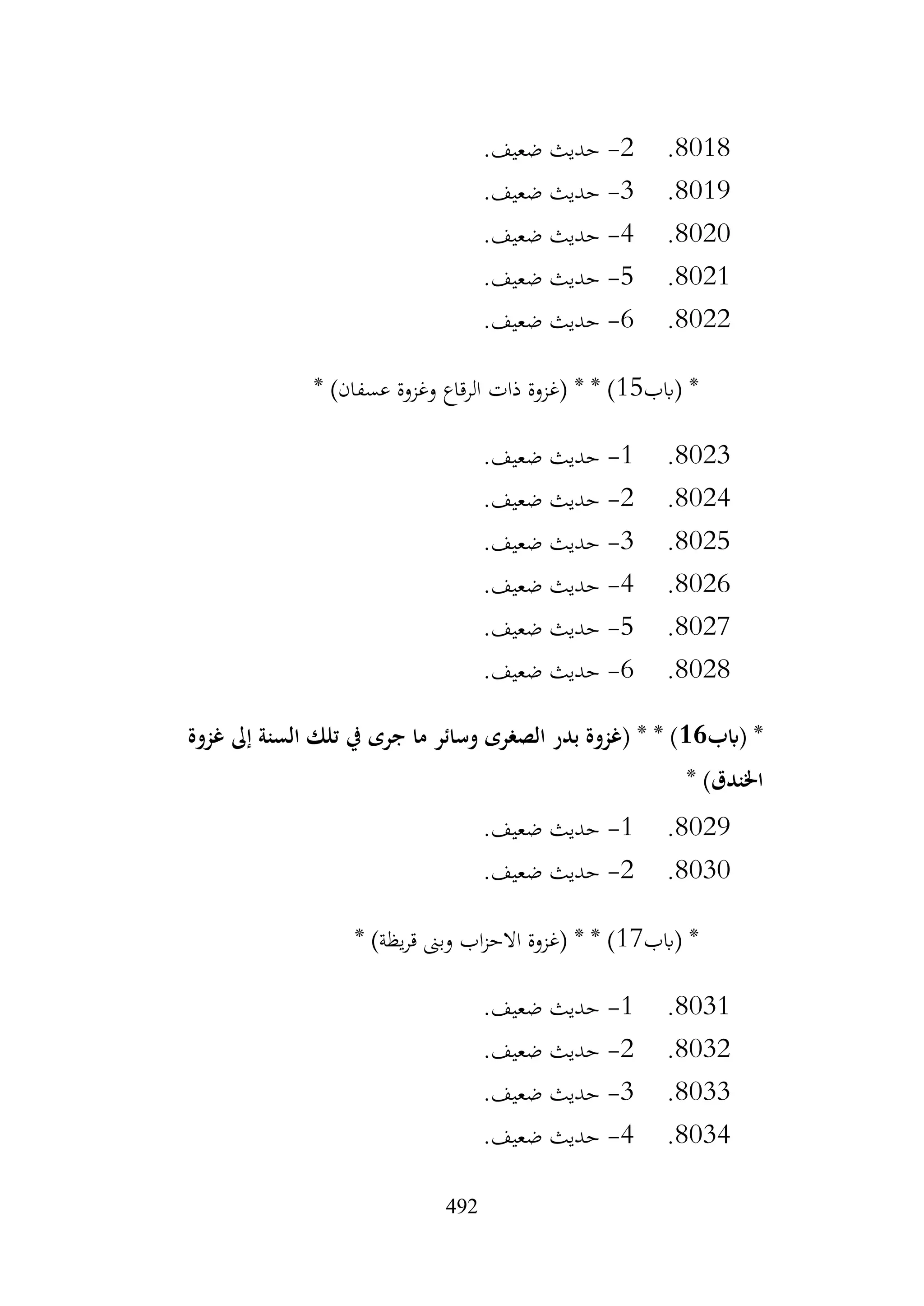 492
8018
.
2
-
.‫ضعيف‬ ‫حديث‬
8019
.
3
-
.‫ضعيف‬ ‫حديث‬
8020
.
4
-
.‫ضعيف‬ ‫حديث‬
8021
.
5
-
.‫ضعيف‬ ‫حديث‬
8022
.
6
-
.‫ضعيف‬ ‫حديث‬
‫(ابب‬ *
15
* )‫عسفان‬ ‫وغزوة‬ ‫الرقاع‬ ‫ذات‬ ‫(غزوة‬ * * )
8023
.
1
-
.‫ضعيف‬ ‫حديث‬
8024
.
2
-
.‫ضعيف‬ ‫حديث‬
8025
.
3
-
.‫ضعيف‬ ‫حديث‬
8026
.
4
-
.‫ضعيف‬ ‫حديث‬
8027
.
5
-
.‫ضعيف‬ ‫حديث‬
8028
.
6
-
.‫ضعيف‬ ‫حديث‬
‫(ابب‬ *
16
‫غزوة‬ ‫إىل‬ ‫السنة‬ ‫تلك‬ ‫يف‬ ‫جرى‬ ‫ما‬ ‫وسائر‬ ‫الصغرى‬ ‫بدر‬ ‫(غزوة‬ * * )
* )‫اخلندق‬
8029
.
1
-
.‫ضعيف‬ ‫حديث‬
8030
.
2
-
.‫ضعيف‬ ‫حديث‬
‫(ابب‬ *
17
* )‫يظة‬‫ر‬‫ق‬ ‫وبىن‬ ‫اب‬‫ز‬‫االح‬ ‫(غزوة‬ * * )
8031
.
1
-
.‫ضعيف‬ ‫حديث‬
8032
.
2
-
.‫ضعيف‬ ‫حديث‬
8033
.
3
-
.‫ضعيف‬ ‫حديث‬
8034
.
4
-
.‫ضعيف‬ ‫حديث‬
 