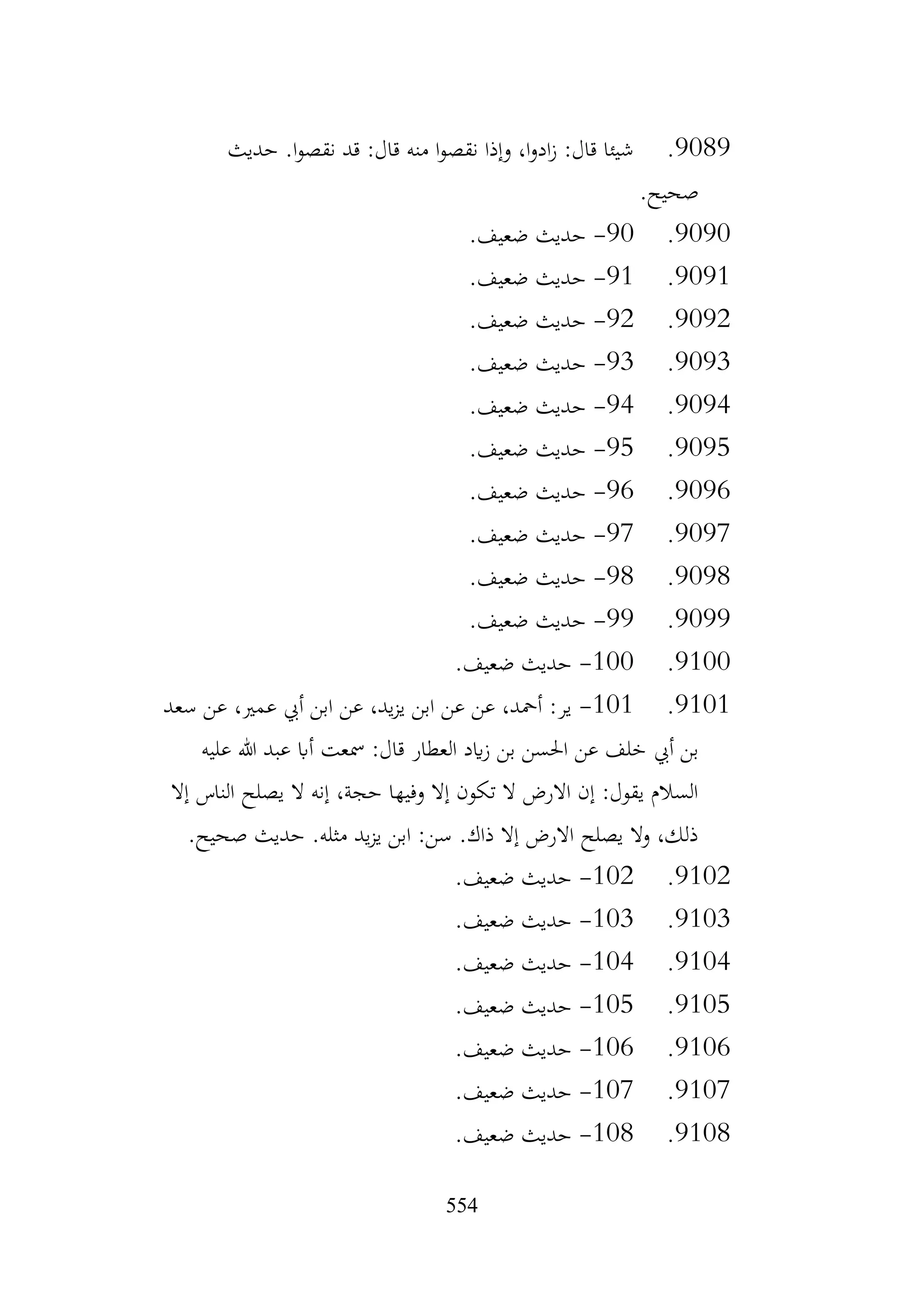 554
9089
.
‫منه‬ ‫ا‬‫و‬‫نقص‬ ‫وإذا‬ ،‫ا‬‫و‬‫اد‬‫ز‬ :‫قال‬ ‫شيئا‬
‫حديث‬ .‫ا‬‫و‬‫نقص‬ ‫قد‬ :‫قال‬
.‫صحيح‬
9090
.
90
-
.‫ضعيف‬ ‫حديث‬
9091
.
91
-
.‫ضعيف‬ ‫حديث‬
9092
.
92
-
.‫ضعيف‬ ‫حديث‬
9093
.
93
-
.‫ضعيف‬ ‫حديث‬
9094
.
94
-
.‫ضعيف‬ ‫حديث‬
9095
.
95
-
.‫ضعيف‬ ‫حديث‬
9096
.
96
-
.‫ضعيف‬ ‫حديث‬
9097
.
97
-
.‫ضعيف‬ ‫حديث‬
9098
.
98
-
.‫ضعيف‬ ‫حديث‬
9099
.
99
-
.‫ضعيف‬ ‫حديث‬
9100
.
100
-
.‫ضعيف‬ ‫حديث‬
9101
.
101
-
‫سعد‬ ‫عن‬ ،‫عمري‬ ‫أيب‬ ‫ابن‬ ‫عن‬ ،‫يد‬‫ز‬‫ي‬ ‫ابن‬ ‫عن‬ ‫عن‬ ،‫أمحد‬ :‫ير‬
‫أيب‬ ‫بن‬
‫عليه‬ ‫هللا‬ ‫عبد‬ ‫أاب‬ ‫مسعت‬ :‫قال‬ ‫العطار‬ ‫ايد‬‫ز‬ ‫بن‬ ‫احلسن‬ ‫عن‬ ‫خلف‬
‫إال‬ ‫الناس‬ ‫يصلح‬ ‫ال‬ ‫إنه‬ ،‫حجة‬ ‫وفيها‬ ‫إال‬ ‫تكون‬ ‫ال‬ ‫االرض‬ ‫إن‬ :‫يقول‬ ‫السالم‬
.‫صحيح‬ ‫حديث‬ .‫مثله‬ ‫يد‬‫ز‬‫ي‬ ‫ابن‬ :‫سن‬ .‫ذاك‬ ‫إال‬ ‫االرض‬ ‫يصلح‬ ‫وال‬ ،‫ذلك‬
9102
.
102
-
.‫ضعيف‬ ‫حديث‬
9103
.
103
-
.‫ضعيف‬ ‫حديث‬
9104
.
104
-
.‫ضعيف‬ ‫حديث‬
9105
.
105
-
.‫ضعيف‬ ‫حديث‬
9106
.
106
-
.‫ضعيف‬ ‫حديث‬
9107
.
107
-
.‫ضعيف‬ ‫حديث‬
9108
.
108
-
.‫ضعيف‬ ‫حديث‬
 