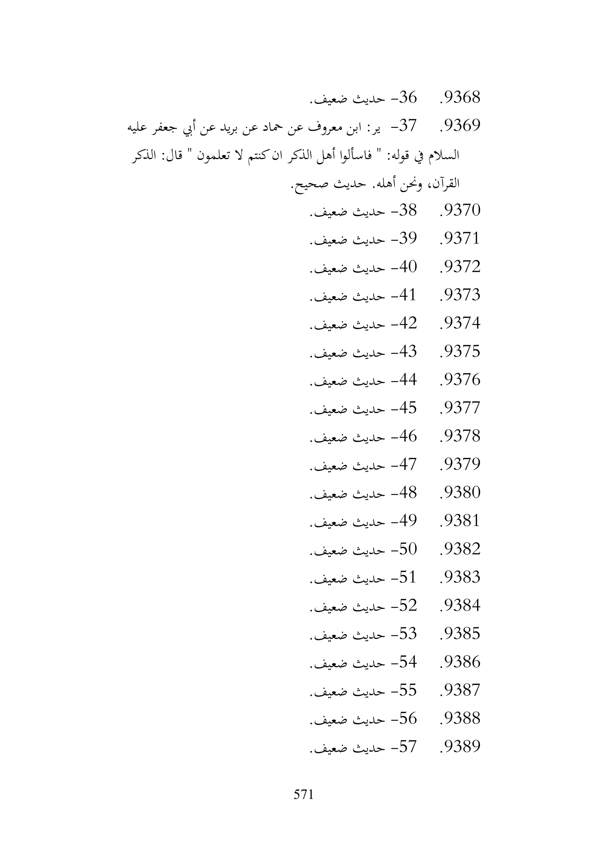 571
9368
.
36
-
.‫ضعيف‬ ‫حديث‬
9369
.
37
-
‫عليه‬ ‫جعفر‬ ‫أيب‬ ‫عن‬ ‫يد‬‫ر‬‫ب‬ ‫عن‬ ‫محاد‬ ‫عن‬ ‫معروف‬ ‫ابن‬ :‫ير‬
‫الذكر‬ :‫قال‬ " ‫تعلمون‬ ‫ال‬ ‫كنتم‬‫ان‬ ‫الذكر‬ ‫أهل‬ ‫ا‬‫و‬‫فاسأل‬ " :‫له‬‫و‬‫ق‬ ‫يف‬ ‫السالم‬
.‫صحيح‬ ‫حديث‬ .‫أهله‬ ‫وحنن‬ ،‫القرآن‬
9370
.
38
-
.‫ضعيف‬ ‫حديث‬
9371
.
39
-
.‫ضعيف‬ ‫حديث‬
9372
.
40
-
.‫ضعيف‬ ‫حديث‬
9373
.
41
-
.‫ضعيف‬ ‫حديث‬
9374
.
42
-
.‫ضعيف‬ ‫حديث‬
9375
.
43
-
.‫ضعيف‬ ‫حديث‬
9376
.
44
-
.‫ضعيف‬ ‫حديث‬
9377
.
45
-
.‫ضعيف‬ ‫حديث‬
9378
.
46
-
.‫ضعيف‬ ‫حديث‬
9379
.
47
-
.‫ضعيف‬ ‫حديث‬
9380
.
48
-
.‫ضعيف‬ ‫حديث‬
9381
.
49
-
.‫ضعيف‬ ‫حديث‬
9382
.
50
-
.‫ضعيف‬ ‫حديث‬
9383
.
51
-
.‫ضعيف‬ ‫حديث‬
9384
.
52
-
.‫ضعيف‬ ‫حديث‬
9385
.
53
-
.‫ضعيف‬ ‫حديث‬
9386
.
54
-
.‫ضعيف‬ ‫حديث‬
9387
.
55
-
.‫ضعيف‬ ‫حديث‬
9388
.
56
-
.‫ضعيف‬ ‫حديث‬
9389
.
57
-
.‫ضعيف‬ ‫حديث‬
 