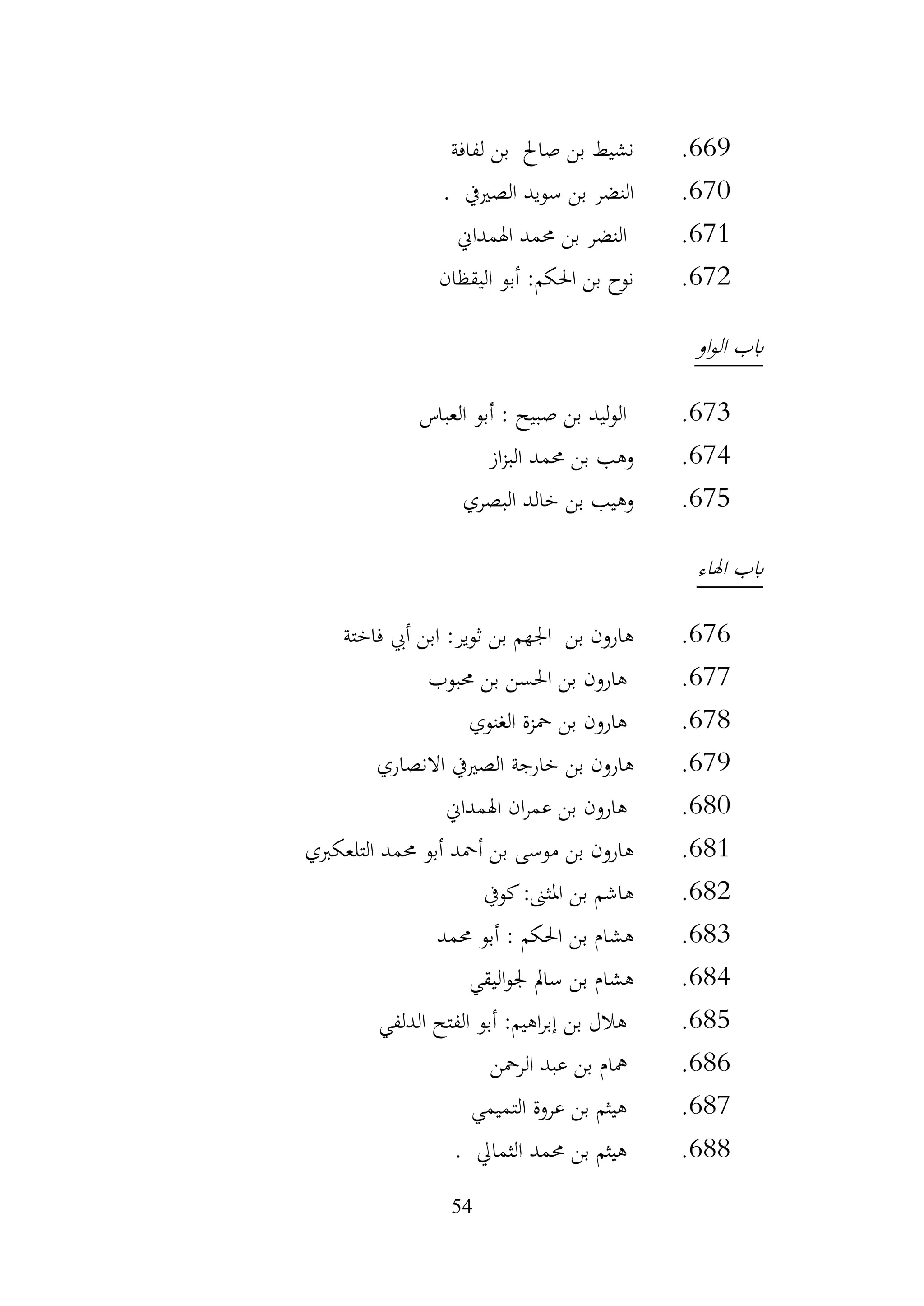54
669
.
‫لفافة‬ ‫بن‬ ‫صاحل‬ ‫بن‬ ‫نشيط‬
670
.
‫الصرييف‬ ‫سويد‬ ‫بن‬ ‫النضر‬
.
671
.
‫اهلمداين‬ ‫حممد‬ ‫بن‬ ‫النضر‬
672
.
‫اليقظان‬ ‫أبو‬ :‫احلكم‬ ‫بن‬ ‫نوح‬
‫او‬‫و‬‫ال‬ ‫ابب‬
673
.
‫العباس‬ ‫أبو‬ : ‫صبيح‬ ‫بن‬ ‫ليد‬‫و‬‫ال‬
674
.
‫از‬‫ز‬‫الب‬ ‫حممد‬ ‫بن‬ ‫وهب‬
675
.
‫البصري‬ ‫خالد‬ ‫بن‬ ‫وهيب‬
‫اهلاء‬ ‫ابب‬
676
.
‫فاختة‬ ‫أيب‬ ‫ابن‬ :‫ثوير‬ ‫بن‬ ‫اجلهم‬ ‫بن‬ ‫هارون‬
677
.
‫حمبوب‬ ‫بن‬ ‫احلسن‬ ‫بن‬ ‫هارون‬
678
.
‫الغنوي‬ ‫محزة‬ ‫بن‬ ‫هارون‬
679
.
‫خارجة‬ ‫بن‬ ‫هارون‬
‫االنصاري‬ ‫الصرييف‬
680
.
‫اهلمداين‬ ‫ان‬‫ر‬‫عم‬ ‫بن‬ ‫هارون‬
681
.
‫أمحد‬ ‫بن‬ ‫موسى‬ ‫بن‬ ‫هارون‬
‫التلعكربي‬ ‫حممد‬ ‫أبو‬
682
.
‫كويف‬:‫املثىن‬ ‫بن‬ ‫هاشم‬
683
.
‫حممد‬ ‫أبو‬ : ‫احلكم‬ ‫بن‬ ‫هشام‬
684
.
‫سامل‬ ‫بن‬ ‫هشام‬
‫اليقي‬‫و‬‫جل‬
685
.
‫الدلفي‬ ‫الفتح‬ ‫أبو‬ :‫اهيم‬‫ر‬‫إب‬ ‫بن‬ ‫هالل‬
686
.
‫الرمحن‬ ‫عبد‬ ‫بن‬ ‫مهام‬
687
.
‫التميمي‬ ‫عروة‬ ‫بن‬ ‫هيثم‬
688
.
‫الثمايل‬ ‫حممد‬ ‫بن‬ ‫هيثم‬
.
 