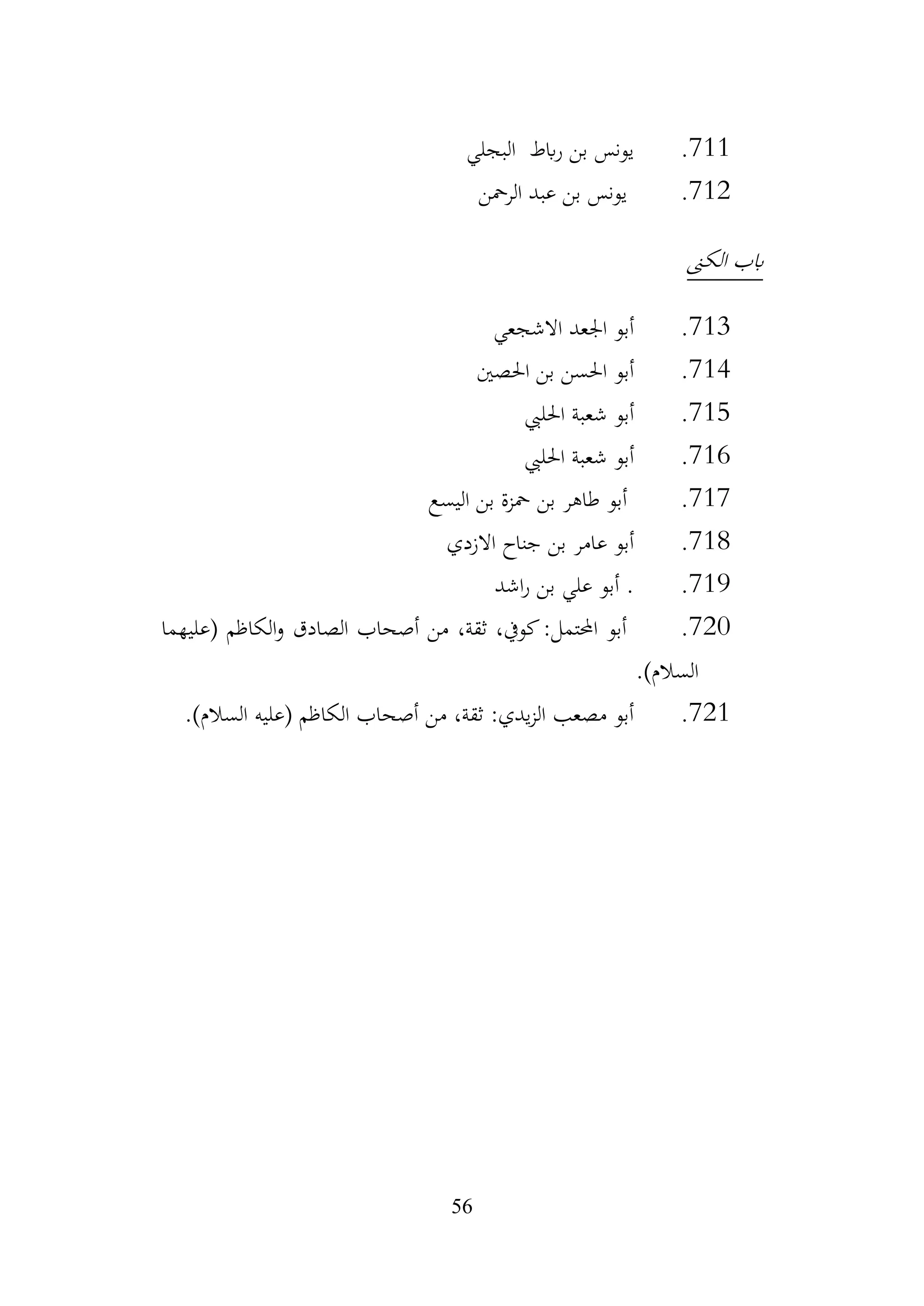 56
711
.
‫البجلي‬ ‫ابط‬‫ر‬ ‫بن‬ ‫يونس‬
712
.
‫الرمحن‬ ‫عبد‬ ‫بن‬ ‫يونس‬
‫الكىن‬ ‫ابب‬
713
.
‫االشجعي‬ ‫اجلعد‬ ‫أبو‬
714
.
‫احلصني‬ ‫بن‬ ‫احلسن‬ ‫أبو‬
715
.
‫احلليب‬ ‫شعبة‬ ‫أبو‬
716
.
‫احلليب‬ ‫شعبة‬ ‫أبو‬
717
.
‫اليسع‬ ‫بن‬ ‫محزة‬ ‫بن‬ ‫طاهر‬ ‫أبو‬
718
.
‫االزدي‬ ‫جناح‬ ‫بن‬ ‫عامر‬ ‫أبو‬
719
.
‫اشد‬‫ر‬ ‫بن‬ ‫علي‬ ‫أبو‬ .
720
.
‫(عليهما‬ ‫الكاظم‬‫و‬ ‫الصادق‬ ‫أصحاب‬ ‫من‬ ،‫ثقة‬ ،‫كويف‬:‫احملتمل‬ ‫أبو‬
)‫السالم‬
.
721
.
)‫السالم‬ ‫(عليه‬ ‫الكاظم‬ ‫أصحاب‬ ‫من‬ ،‫ثقة‬ :‫يدي‬‫ز‬‫ال‬ ‫مصعب‬ ‫أبو‬
.
 