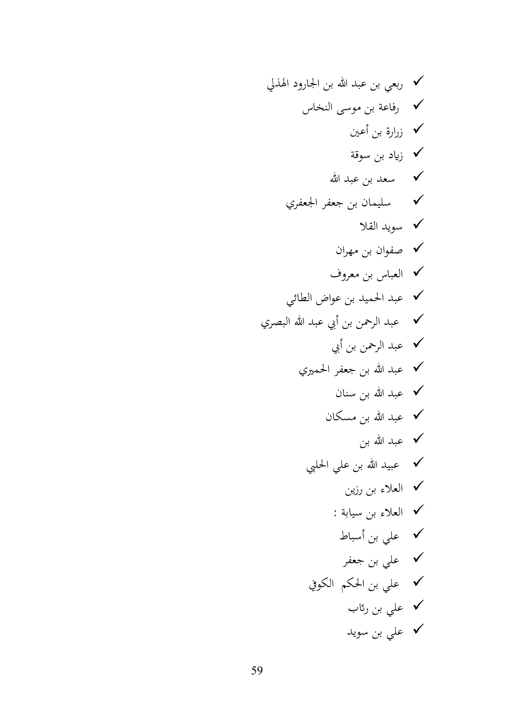 59
✓
‫اهلذيل‬ ‫اجلارود‬ ‫بن‬ ‫هللا‬ ‫عبد‬ ‫بن‬ ‫بعي‬‫ر‬
✓
‫النخاس‬ ‫موسى‬ ‫بن‬ ‫رفاعة‬
✓
‫أعني‬ ‫بن‬ ‫ارة‬‫ر‬‫ز‬
✓
‫سوقة‬ ‫بن‬ ‫ايد‬‫ز‬
✓
‫هللا‬ ‫عبد‬ ‫بن‬ ‫سعد‬
✓
‫اجلعفري‬ ‫جعفر‬ ‫بن‬ ‫سليمان‬
✓
‫القال‬ ‫سويد‬
✓
‫ان‬‫ر‬‫مه‬ ‫بن‬ ‫ان‬‫و‬‫صف‬
✓
‫معروف‬ ‫بن‬ ‫العباس‬
✓
‫الطائي‬ ‫اض‬‫و‬‫ع‬ ‫بن‬ ‫احلميد‬ ‫عبد‬
✓
‫البصري‬ ‫هللا‬ ‫عبد‬ ‫أيب‬ ‫بن‬ ‫الرمحن‬ ‫عبد‬
✓
‫أيب‬ ‫بن‬ ‫الرمحن‬ ‫عبد‬
✓
‫احلمريي‬ ‫جعفر‬ ‫بن‬ ‫هللا‬ ‫عبد‬
✓
‫سنان‬ ‫بن‬ ‫هللا‬ ‫عبد‬
✓
‫مسكان‬ ‫بن‬ ‫هللا‬ ‫عبد‬
✓
‫بن‬ ‫هللا‬ ‫عبد‬
✓
‫احلليب‬ ‫علي‬ ‫بن‬ ‫هللا‬ ‫عبيد‬
✓
‫ين‬‫ز‬‫ر‬ ‫بن‬ ‫العالء‬
✓
: ‫سيابة‬ ‫بن‬ ‫العالء‬
✓
‫أسباط‬ ‫بن‬ ‫علي‬
✓
‫جعفر‬ ‫بن‬ ‫علي‬
✓
‫احلكم‬ ‫بن‬ ‫علي‬
‫الكويف‬
✓
‫ائب‬‫ر‬ ‫بن‬ ‫علي‬
✓
‫سويد‬ ‫بن‬ ‫علي‬
 