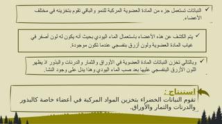 
‫في‬ ‫أصفر‬ ‫لون‬ ‫له‬ ‫يكون‬ ‫أنه‬ ‫بحيث‬ ‫اليودي‬ ‫الماء‬ ‫باستعمال‬ ‫األعضاء‬ ‫هذه‬ ‫عن‬ ‫الكشف‬ ‫يتم‬
.‫موجودة‬ ‫تكون‬ ‫عندما‬ ‫بنفسجي‬ ‫أزرق‬ ‫ولون‬ ‫العضوية‬ ‫المادة‬ ‫غياب‬

‫يظهر‬ ‫اذ‬ ‫والبذور‬ ‫والدرنات‬ ‫والثمار‬ ‫األوراق‬ ‫في‬ ‫العضوية‬ ‫المادة‬ ‫النباتات‬ ‫تخزن‬ ‫وبالتالي‬
‫النشا‬ ‫وجود‬ ‫على‬ ‫يدل‬ ‫وهذا‬ ‫اليودي‬ ‫الماء‬ ‫صب‬ ‫بعد‬ ‫عليها‬ ‫البنفسجي‬ ‫األزرق‬ ‫اللون‬
.
: ‫استنتاج‬
‫كالبذور‬ ‫خاصة‬ ‫أعضاء‬ ‫في‬ ‫المركبة‬ ‫المواد‬ ‫بتخزين‬ ‫الخضراء‬ ‫النباتات‬ ‫تقوم‬
.‫واألوراق‬ ‫والتمار‬ ‫والدرنات‬

‫مختلف‬ ‫في‬ ‫بتخزينه‬ ‫تقوم‬ ‫والباقي‬ ‫للنمو‬ ‫المركبة‬ ‫العضوية‬ ‫المادة‬ ‫من‬ ‫جزء‬ ‫تستعمل‬ ‫النباتات‬
.‫األعضاء‬
 