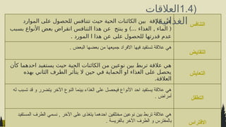 ‫الموارد‬ ‫على‬ ‫للحصول‬ ‫تتنافس‬ ‫حيث‬ ‫الحية‬ ‫الكائنات‬ ‫بين‬ ‫عالقة‬ ‫هي‬
)... , (
‫بسبب‬ ‫األنواع‬ ‫بعض‬ ‫انقراض‬ ‫التنافس‬ ‫هذا‬ ‫عن‬ ‫ينتج‬ ‫و‬ ‫الغذاء‬ ‫الماء‬
‫المورد‬ ‫ا‬ ‫هذا‬ ‫عن‬ ‫على‬ ‫للحصول‬ ‫قدرتها‬ ‫عدم‬
.
‫التنافس‬
‫البعض‬ ‫بعضها‬ ‫من‬ ‫جميعها‬ ‫االفراد‬ ‫فيها‬ ‫تستفيد‬ ‫عالقة‬ ‫هي‬
.
‫التقايض‬
‫كأن‬ ‫احدهما‬ ‫يستفيد‬ ‫حيث‬ ‫الحية‬ ‫الكائنات‬ ‫من‬ ‫نوعين‬ ‫بين‬ ‫تربط‬ ‫عالقة‬ ‫هي‬
‫بهذه‬ ‫الثاني‬ ‫الطرف‬ ‫يتأثر‬ ‫ال‬ ‫حين‬ ‫في‬ ‫الحماية‬ ‫او‬ ‫الغذاء‬ ‫على‬ ‫يحصل‬
‫العالقة‬
.
‫التعايش‬
‫له‬ ‫تسبب‬ ‫قد‬ ‫و‬ ‫يتضرر‬ ‫اآلخر‬ ‫النوع‬ ‫بينما‬ ‫الغذاء‬ ‫على‬ ‫فيحصل‬ ‫األنواع‬ ‫احد‬ ‫يستفيد‬ ‫عالقة‬ ‫هي‬
‫أمراض‬
. ‫التطفل‬
‫المستفيد‬ ‫الطرف‬ ‫نسمي‬ , ‫اآلخر‬ ‫على‬ ‫يتغذى‬ ‫احدهما‬ ‫مختلفين‬ ‫نوعين‬ ‫بين‬ ‫تربط‬ ‫عالقة‬ ‫هي‬
‫بالفريسة‬ ‫اآلخر‬ ‫الطرف‬ ‫و‬ ‫بالمفترس‬
. ‫االفتراس‬
(
1.4
‫العالقات‬
:‫الغذائية‬
 