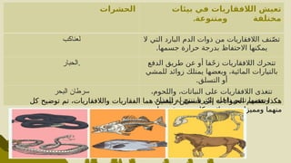 ‫الحشرات‬ ‫بيئات‬ ‫في‬ ‫الالفقاريات‬ ‫تعيش‬
.‫ومتنوعة‬ ‫مختلفة‬
‫لعناكب‬ ‫ال‬ ‫التي‬ ‫البارد‬ ‫الدم‬ ‫ذوات‬ ‫من‬ ‫الالفقاريات‬ ‫نف‬ّ‫ص‬‫ت‬
.‫جسمها‬ ‫حرارة‬ ‫بدرجة‬ ‫االحتفاظ‬ ‫يمكنها‬
‫الحبار‬. ‫الدفع‬ ‫طريق‬ ‫عن‬ ‫أو‬ ‫فا‬ً‫ح‬‫ز‬ ‫الالفقاريات‬ ‫تتحرك‬
‫للمشي‬ ‫زوائد‬ ‫يمتلك‬ ‫وبعضها‬ ،‫المائية‬ ‫بالتيارات‬
.‫التسلق‬ ‫أو‬
‫البحر‬ ‫سرطان‬ ،‫واللحوم‬ ،‫النباتات‬ ‫على‬ ‫الالفقاريات‬ ‫تتغذى‬
.‫الغذاء‬ ‫له‬ ‫تنتج‬ ‫بكتريا‬ ‫داخله‬ ‫تنمو‬ ‫وبعضها‬
‫كل‬ ‫توضيح‬ ‫تم‬ ،‫والالفقاريات‬ ‫الفقاريات‬ ‫هما‬ ‫رئيسين‬ ‫قسمين‬ ‫إلى‬ ‫الحيوانات‬ ‫تنقسم‬ ‫هكذا‬
.‫وتقسيماته‬ ‫نوع‬ ‫كل‬ ‫وخصائص‬ ‫ومميزات‬ ‫منهما‬
 