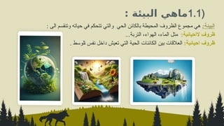 (
1.1
: ‫البيئة‬ ‫ماهي‬
‫البيئة‬
:
: ‫الى‬ ‫وتنقسم‬ ‫حياته‬ ‫في‬ ‫تتحكم‬ ‫والتي‬ ‫الحي‬ ‫بالكائن‬ ‫المحيطة‬ ‫الظروف‬ ‫مجموع‬ ‫هي‬
:‫الاحيائية‬ ‫ظروف‬
...‫التربة‬ ،‫الهواء‬ ،‫الماء‬ ‫متل‬
:‫احيائية‬ ‫ظروف‬
. ‫*لوسط‬‫ا‬ ‫نفس‬ ‫داخل‬ ‫تعيش‬ ‫التي‬ ‫الحية‬ ‫الكائنات‬ ‫بين‬ ‫العالقات‬
 