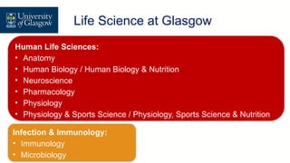 Life Science at Glasgow
Infection & Immunology:
• Immunology
• Microbiology
Human Life Sciences:
• Anatomy
• Human Biology / Human Biology & Nutrition
• Neuroscience
• Pharmacology
• Physiology
• Physiology & Sports Science / Physiology, Sports Science & Nutrition
 