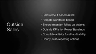 •  Salesforce 1 based mCall
•  Remote workforce based
•  Ensure retention follow up actions
•  Outside KPI’s for PowerStandings
•  Complete activity & call auditability
•  Hourly push reporting options

 