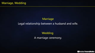 Marriage, Wedding
Marriage
Legal relationship between a husband and wife.
Wedding
A marriage ceremony.
 