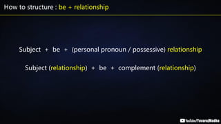 How to structure : be + relationship
Subject + be + (personal pronoun / possessive) relationship
Subject (relationship) + be + complement (relationship)
 