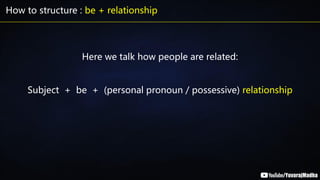 How to structure : be + relationship
Subject + be + (personal pronoun / possessive) relationship
Here we talk how people are related:
 