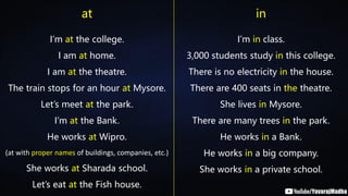 I’m at the college.
I am at home.
I am at the theatre.
The train stops for an hour at Mysore.
Let’s meet at the park.
I’m at the Bank.
He works at Wipro.
(at with proper names of buildings, companies, etc.)
She works at Sharada school.
Let’s eat at the Fish house.
I’m in class.
3,000 students study in this college.
There is no electricity in the house.
There are 400 seats in the theatre.
She lives in Mysore.
There are many trees in the park.
He works in a Bank.
He works in a big company.
She works in a private school.
at in
 