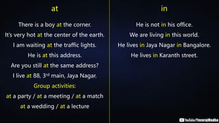 There is a boy at the corner.
It’s very hot at the center of the earth.
I am waiting at the traffic lights.
He is at this address.
Are you still at the same address?
I live at 88, 3rd main, Jaya Nagar.
Group activities:
at a party / at a meeting / at a match
at a wedding / at a lecture
He is not in his office.
We are living in this world.
He lives in Jaya Nagar in Bangalore.
He lives in Karanth street.
at in
 