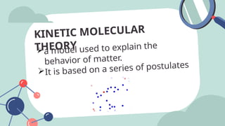 a model used to explain the
behavior of matter.
It is based on a series of postulates
KINETIC MOLECULAR
THEORY
 