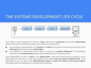 THE SYSTEMS DEVELOPMENT LIFE CYCLE
Each phase is itself composed of a series of steps, which rely on techniques that produce deliverables
(specific documents and files that explain various elements of the system).
● You should get a general sense of the phases and steps that IS projects move through and some of the
techniques that produce certain deliverables.
● It is important to understand that the SDLC is a process of gradual refinement. The deliverables
produced in the analysis phase provide a general idea what the new system will do.
These deliverables are used as input to the design phase, which then refines them to produce a set of
deliverables that describes in much more detailed terms exactly how the system should be built. These
deliverables in turn are used in the implementation phase to guide the creation of the actual system.
Each phase refines and elaborates on the work done previously.
 