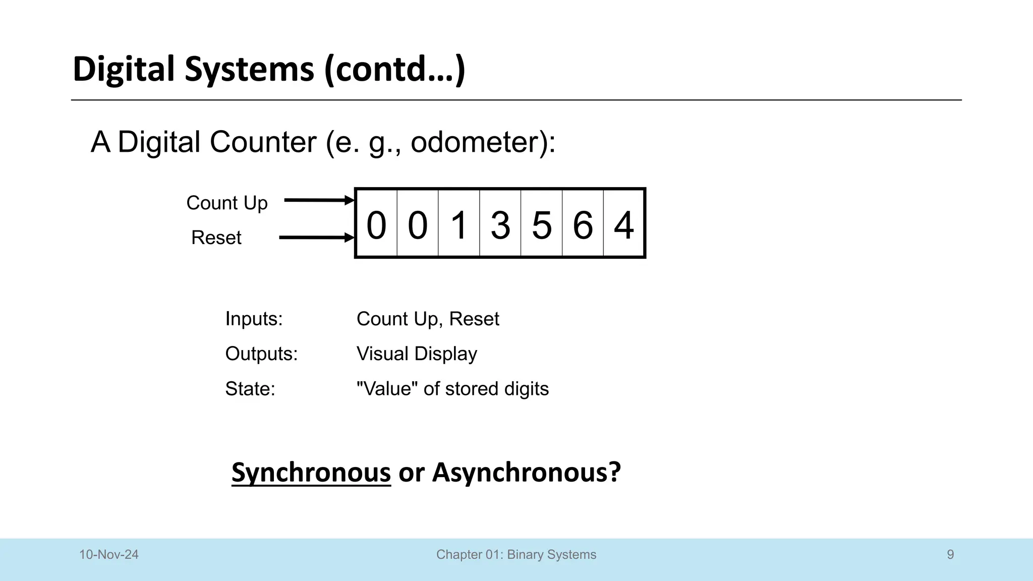 9
Chapter 01: Binary Systems
Digital Systems (contd…)
10-Nov-24
A Digital Counter (e. g., odometer):
Synchronous or Asynchronous?
1 3
0 0 5 6 4
Count Up
Reset
Inputs: Count Up, Reset
Outputs: Visual Display
State: "Value" of stored digits
 