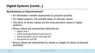 11
Chapter 01: Binary Systems
Digital Systems (contd…)
10-Nov-24
Synchronous or Asynchronous?
• An information variable represented by physical quantity.
• For digital systems, the variable takes on discrete values.
• Two level, or binary values are the most prevalent values in digital
systems.
• Binary values are represented abstractly by:
• digits 0 and 1
• words (symbols) False (F) and True (T)
• words (symbols) Low (L) and High (H)
• and words On and Off.
• Binary values are represented by values or ranges of values of physical
quantities
 