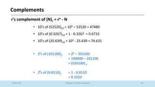 43
Chapter 01: Binary Systems
Complements
10-Nov-24
r's complement of (N)r = rn - N
• 10's of (52520)10 = 105 – 52520 = 47480
• 10's of (0.3267)10 = 1 - 0.3267 = 0.6733
• 10's of (25.639)10 = 102 - 25.639 = 74.631
• 2's of (101100)2 = 26 – 101100
= 100000 – 101100
= (010100)2
• 2's of (0.0110)2 = 1 - 0.0110
= 0.1010
 