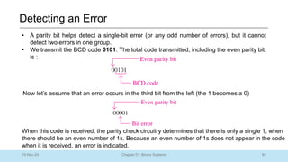 84
Chapter 01: Binary Systems
Detecting an Error
10-Nov-24
• A parity bit helps detect a single-bit error (or any odd number of errors), but it cannot
detect two errors in one group.
• We transmit the BCD code 0101. The total code transmitted, including the even parity bit,
is :
Now let’s assume that an error occurs in the third bit from the left (the 1 becomes a 0)
When this code is received, the parity check circuitry determines that there is only a single 1, when
there should be an even number of 1s. Because an even number of 1s does not appear in the code
when it is received, an error is indicated.
 