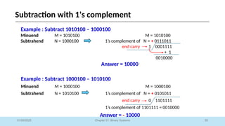 50
Chapter 01: Binary Systems
Subtraction with 1's complement
01/09/2025
Example : Subtract 1010100 – 1000100
Minuend M = 1010100 M = 1010100
Subtrahend N = 1000100 1’s complement of N = + 0111011
end carry 1 0001111
+ 1
0010000
Answer = 10000
Example : Subtract 1000100 – 1010100
Minuend M = 1000100 M = 1000100
Subtrahend N = 1010100 1’s complement of N = + 0101011
end carry 0 1101111
1’s complement of 1101111 = 0010000
Answer = - 10000
 