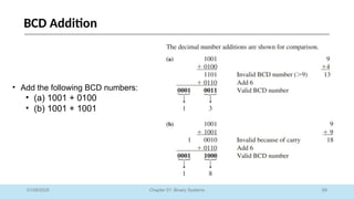 69
Chapter 01: Binary Systems
BCD Addition
01/09/2025
• Add the following BCD numbers:
• (a) 1001 + 0100
• (b) 1001 + 1001
 
