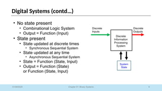 8
Chapter 01: Binary Systems
Digital Systems (contd…)
01/09/2025
Discrete
Information
Processing
System
System
State
Discrete
Inputs
Discrete
Outputs
• No state present
• Combinational Logic System
• Output = Function (Input)
• State present
• State updated at discrete times
• Synchronous Sequential System
• State updated at any time
• Asynchronous Sequential System
• State = Function (State, Input)
• Output = Function (State)
or Function (State, Input)
 
