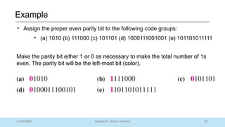 85
Chapter 01: Binary Systems
Example
01/09/2025
• Assign the proper even parity bit to the following code groups:
• (a) 1010 (b) 111000 (c) 101101 (d) 1000111001001 (e) 101101011111
Make the parity bit either 1 or 0 as necessary to make the total number of 1s
even. The parity bit will be the left-most bit (color).
 