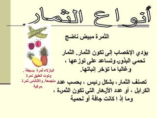 ‫ناضج‬ ‫مبيض‬ ‫الثمرة‬
‫الثمار‬ .‫الثمار‬ ‫تكون‬ ‫إلى‬ ‫اإلخصاب‬ ‫يؤدي‬
، ‫توزعها‬ ‫على‬ ‫وتساعد‬ ‫البذور‬ ‫تحمي‬
.‫إنباتها‬ ‫تؤخر‬ ‫ما‬ ‫وغالبا‬
‫عدد‬ ‫بحسب‬ ، ‫رئيس‬ ‫بشكل‬ ،‫الثمار‬ ‫تصنف‬
، ‫الثمرة‬ ‫تكون‬ ‫التي‬ ‫األزهار‬ ‫عدد‬ ‫أو‬ ، ‫الكرابل‬
‫لحمية‬ ‫أو‬ ‫جافة‬ ‫كانت‬ ‫ا‬ ‫إذ‬ ‫وما‬
. ‫بسيطة‬ ‫ثمرة‬ ‫البازالء‬
‫نمرة‬ ‫العليق‬ ‫وتوت‬
‫ثمرة‬ ‫واألناناس‬ .‫متجمعة‬
‫مركبة‬.
 