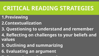 Outlining Examples Critical Reading 1.Explain critical reading as reasoning.pptx