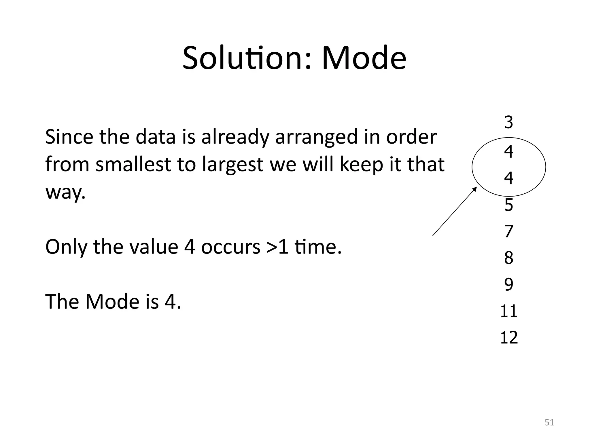 51
Solution: Mode
Since the data is already arranged in order
from smallest to largest we will keep it that
way.
Only the value 4 occurs >1 time.
The Mode is 4.
3
4
4
5
7
8
9
11
12
 